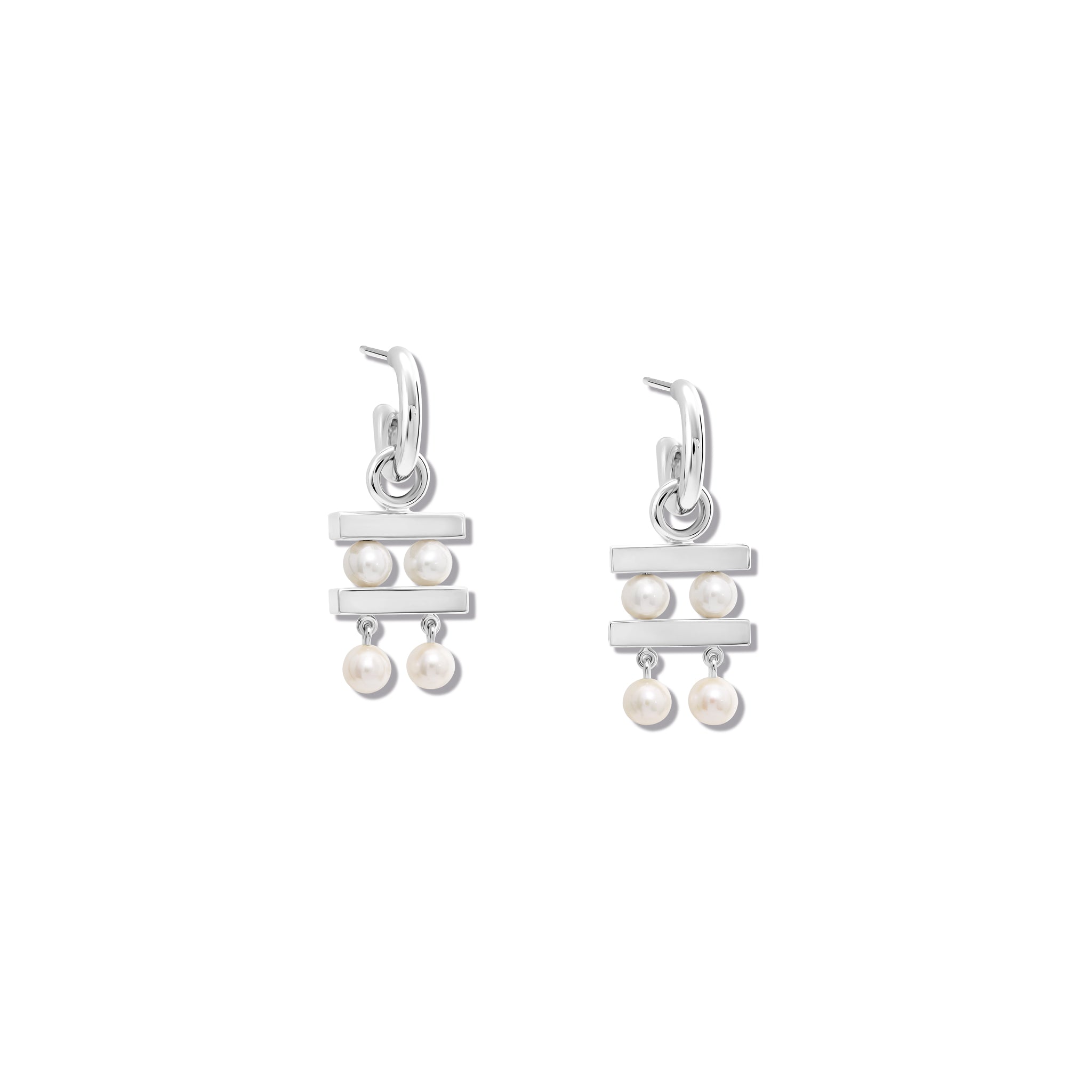 Handcrafted sterling silver earring drops with two tiers of pearls separated by delicate sterlling silver lines.