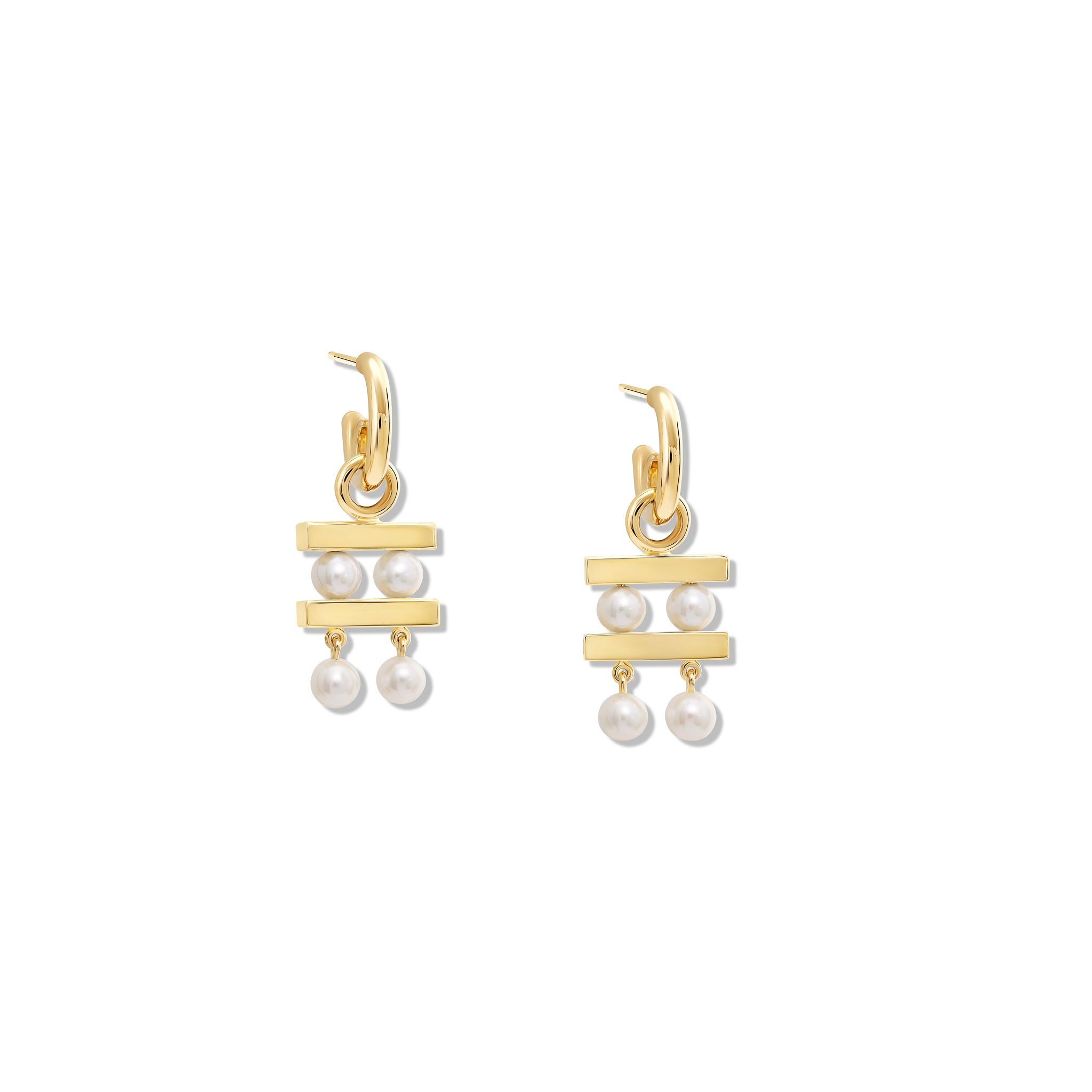 Handcrafted yellow gold earring drops with two tiers of pearls separated by delicate gold lines.