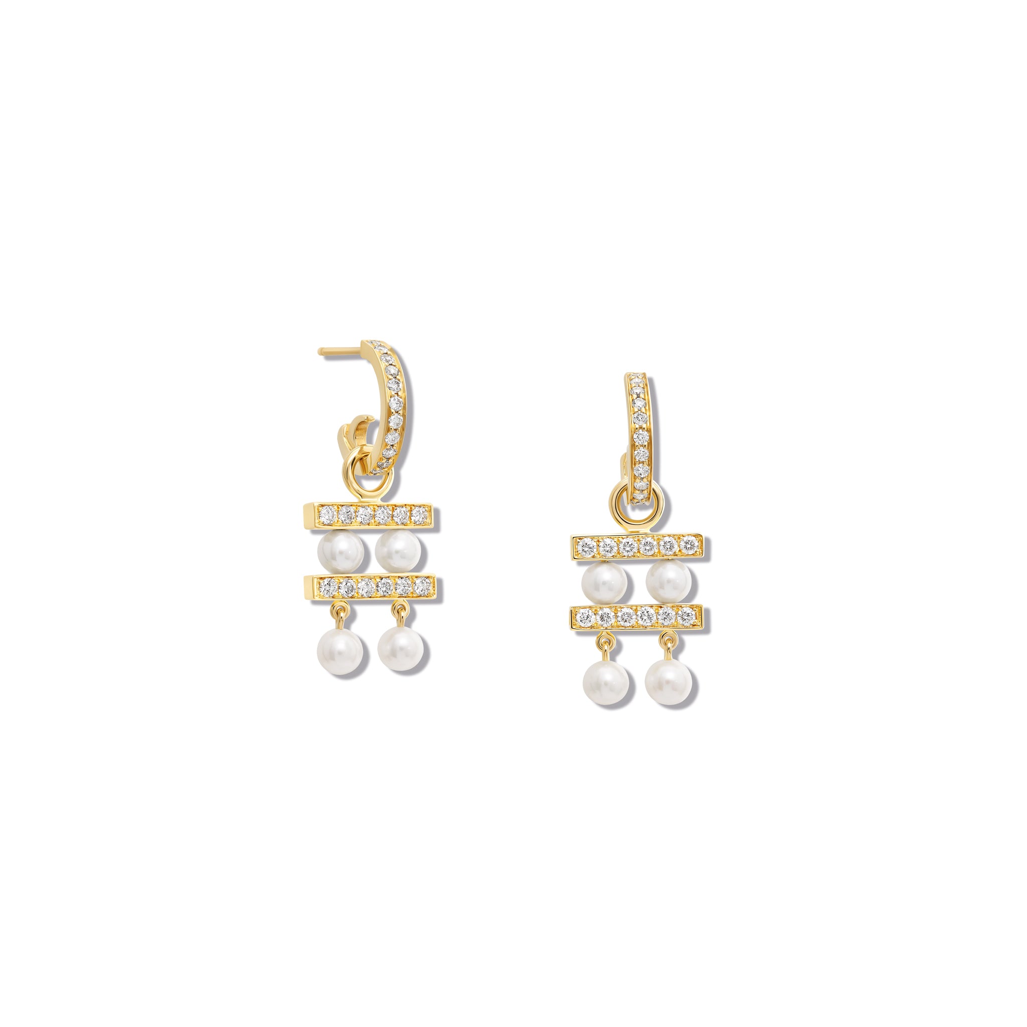 Couture Double Earring Drops Yellow Gold - Diamond Pavé & Pearl