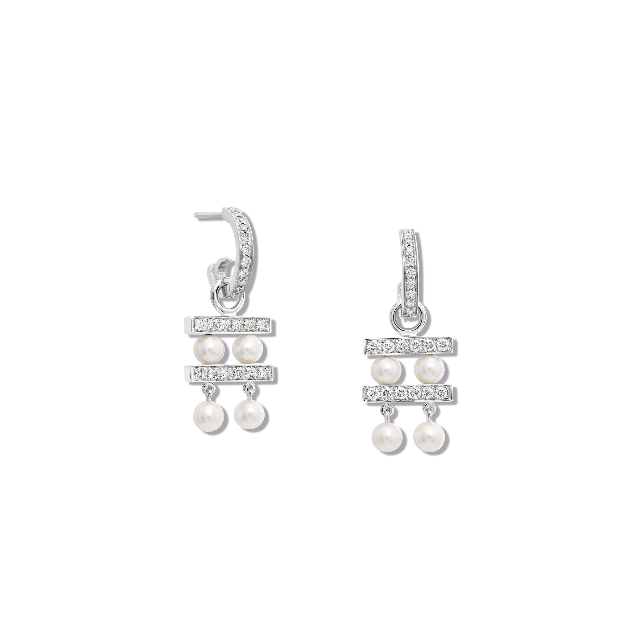 Handcrafted 18ct white gold earring drops with two tiers of pearls separated by delicate gold lines adorned with diamond pavé.