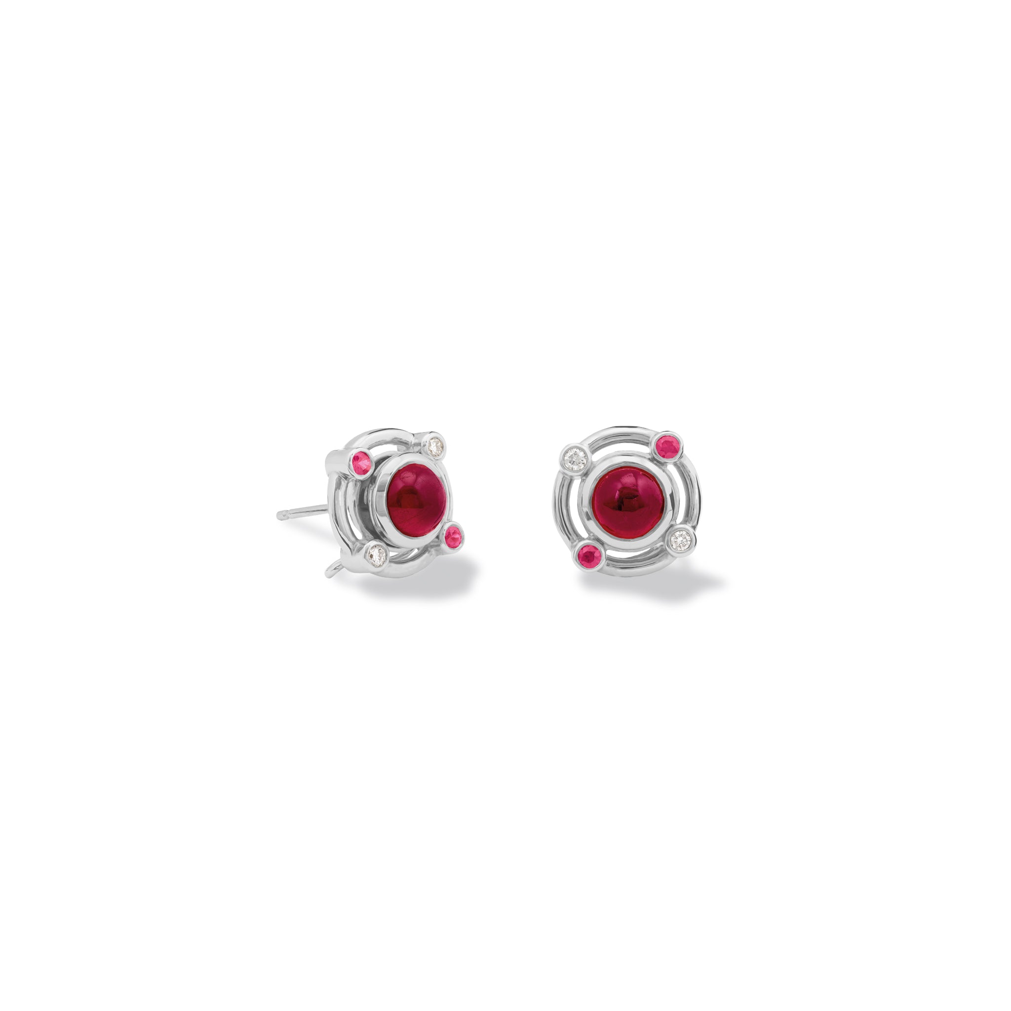 Handcrafted white gold earring halos featuring small round rubies and diamonds.