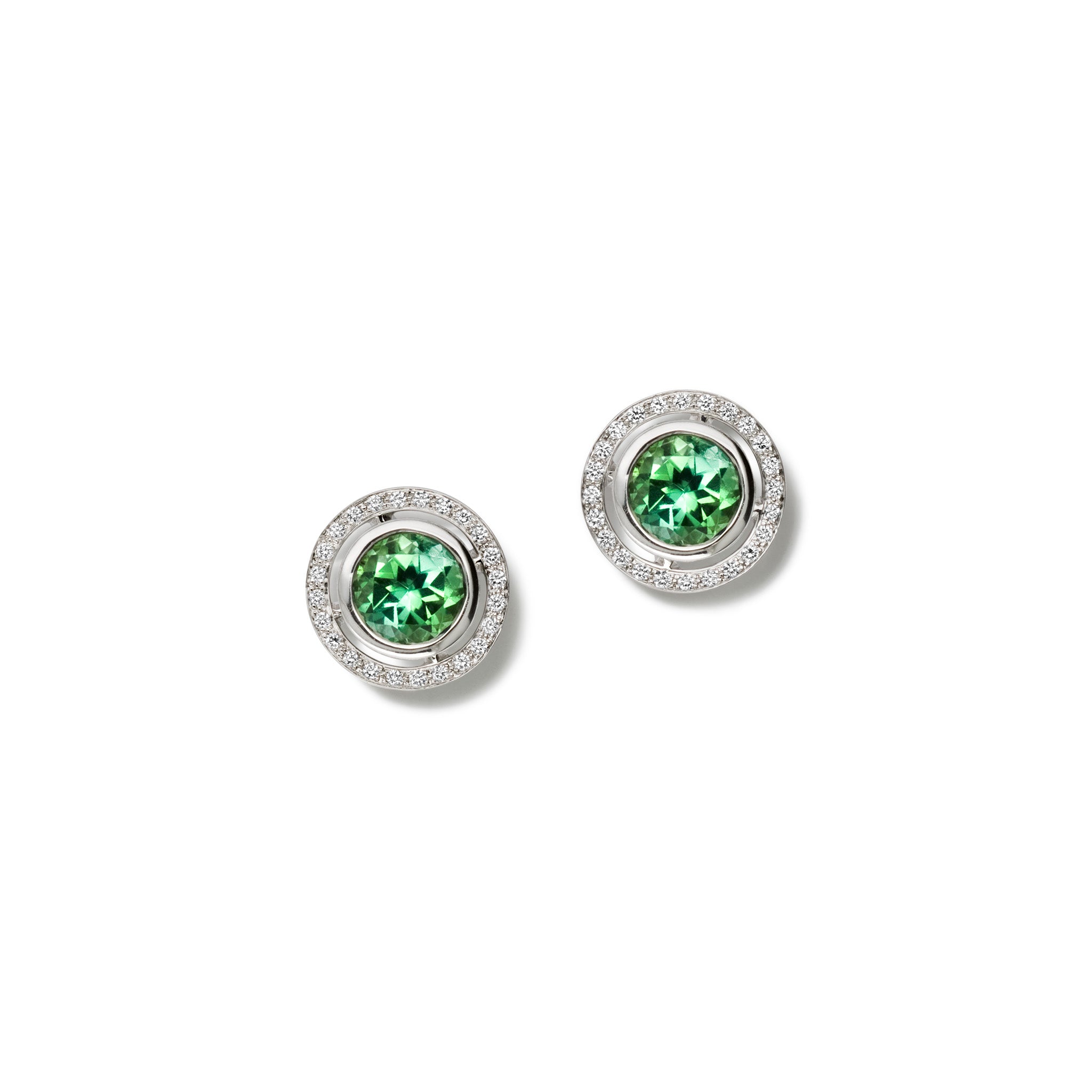 Handcrafted 18ct white gold earring halos featuring a circular shape with diamonds.
