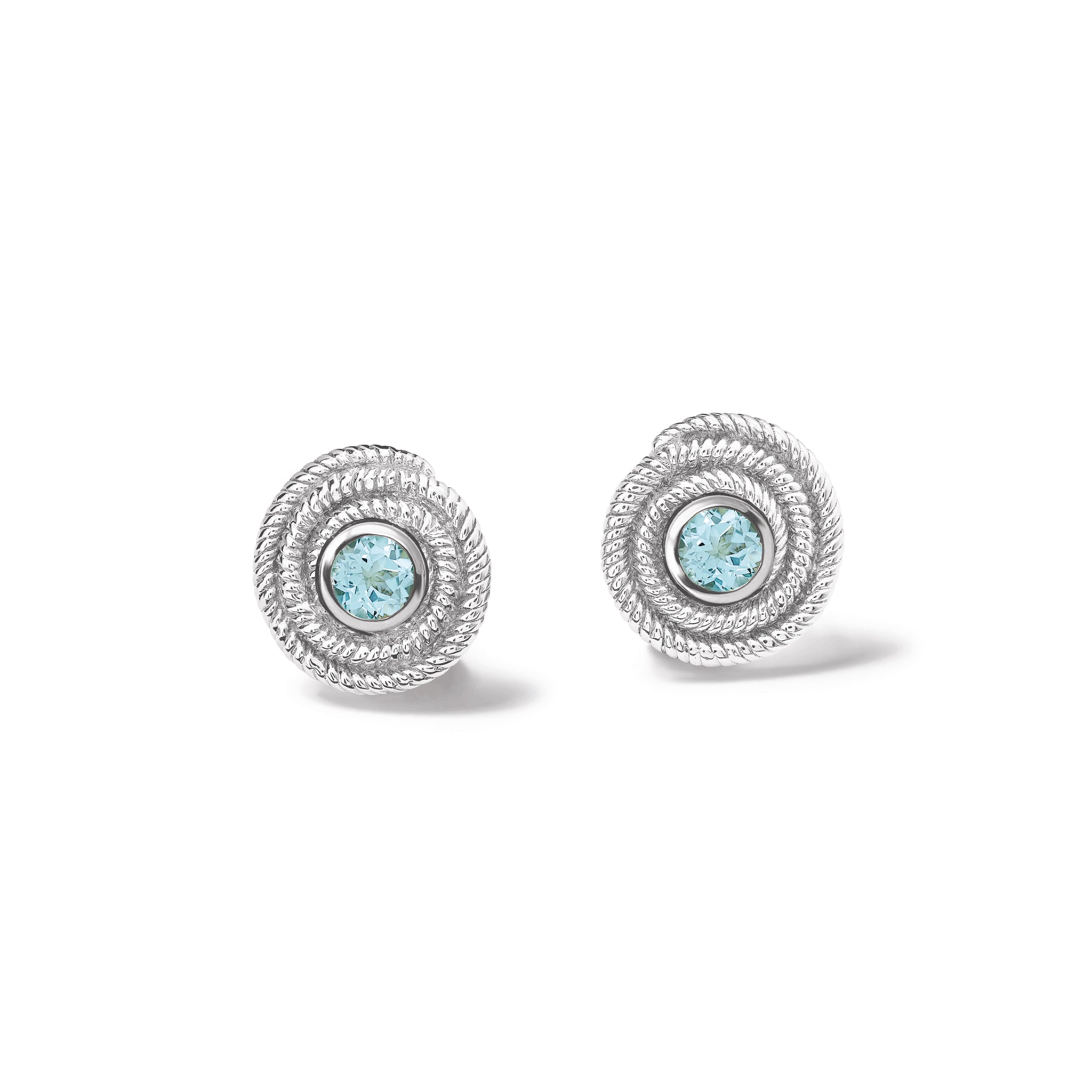 Handcrafted sterling silver earring halos with a woven swirl design, featuring a round central setting for a stud earring.