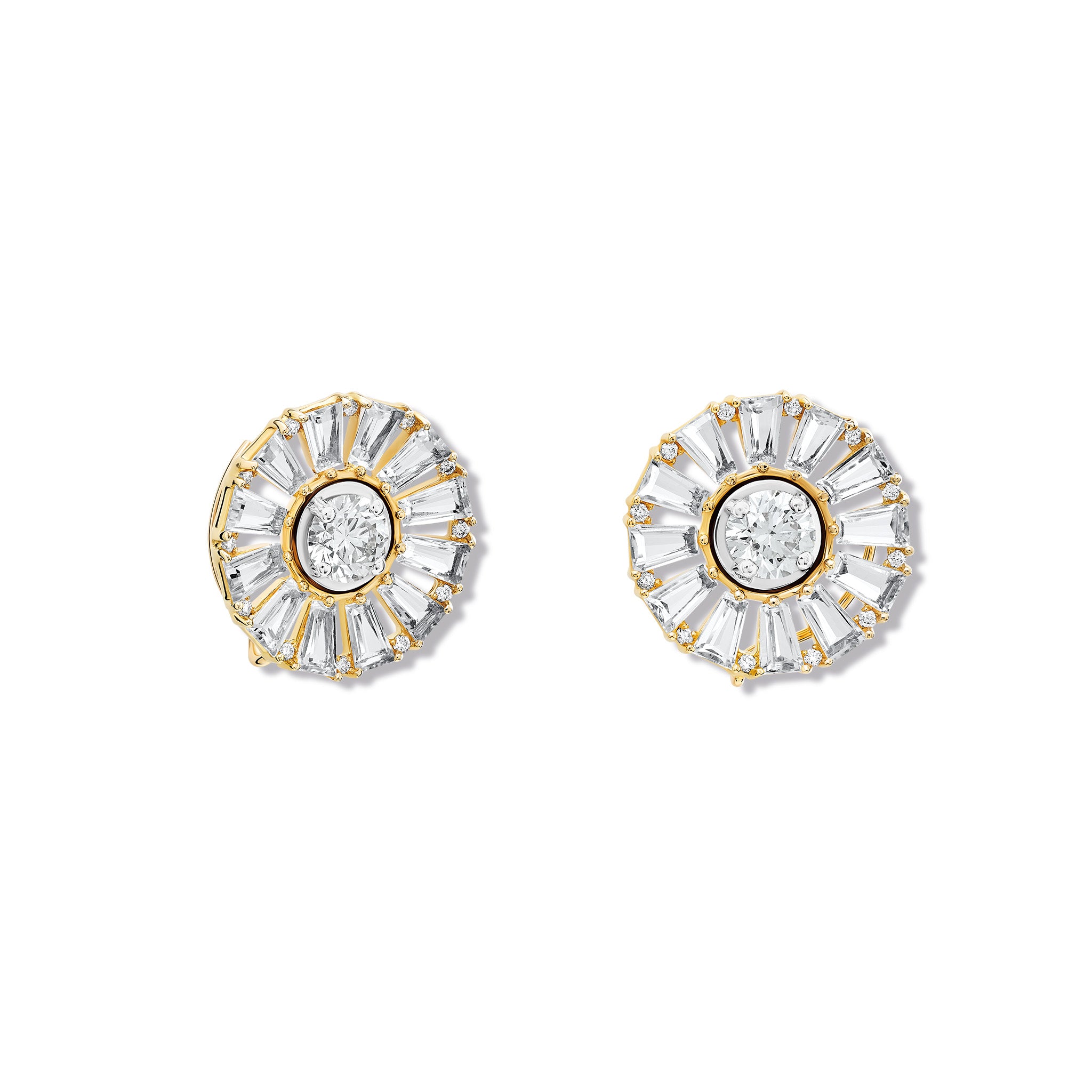 Handcrafted yellow gold earring halos with baguette cut white topaz and diamond gemstones.
