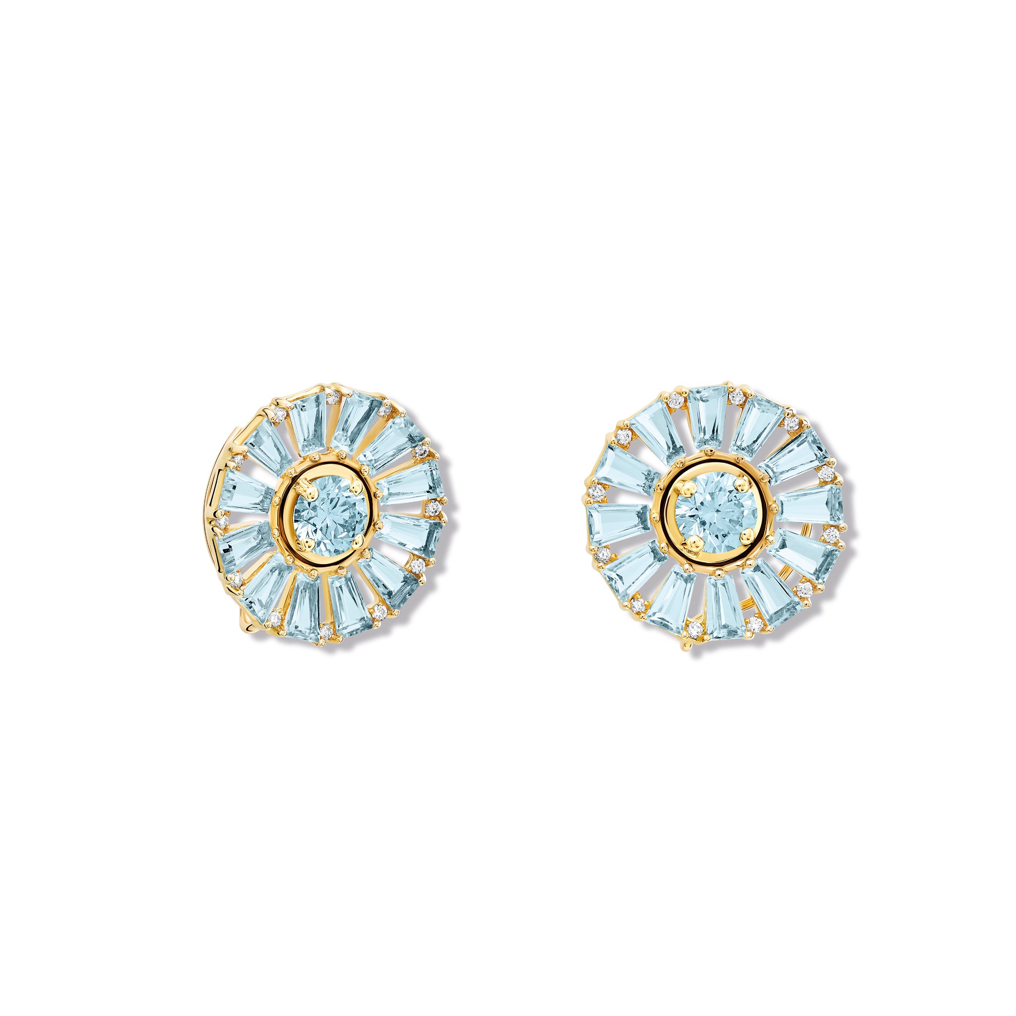 Handcrafted yellow gold earring halos with baguette cut blue topaz and diamond gemstones.
