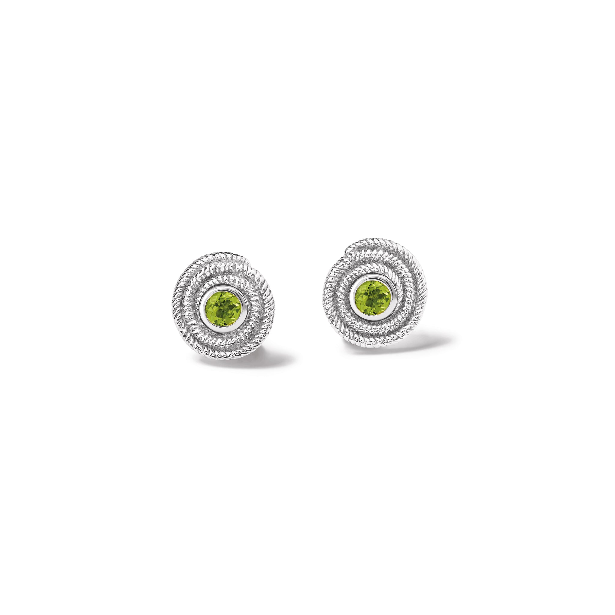 Handcrafted sterling silver earring halos with a woven swirl design, featuring a round central setting for a stud earring.