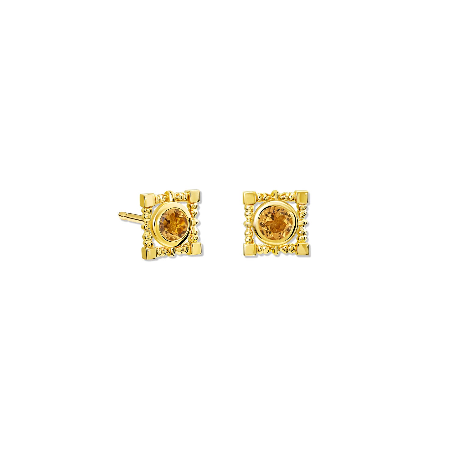 Handcrafted yellow gold earring halos featuring a square shaped frame.