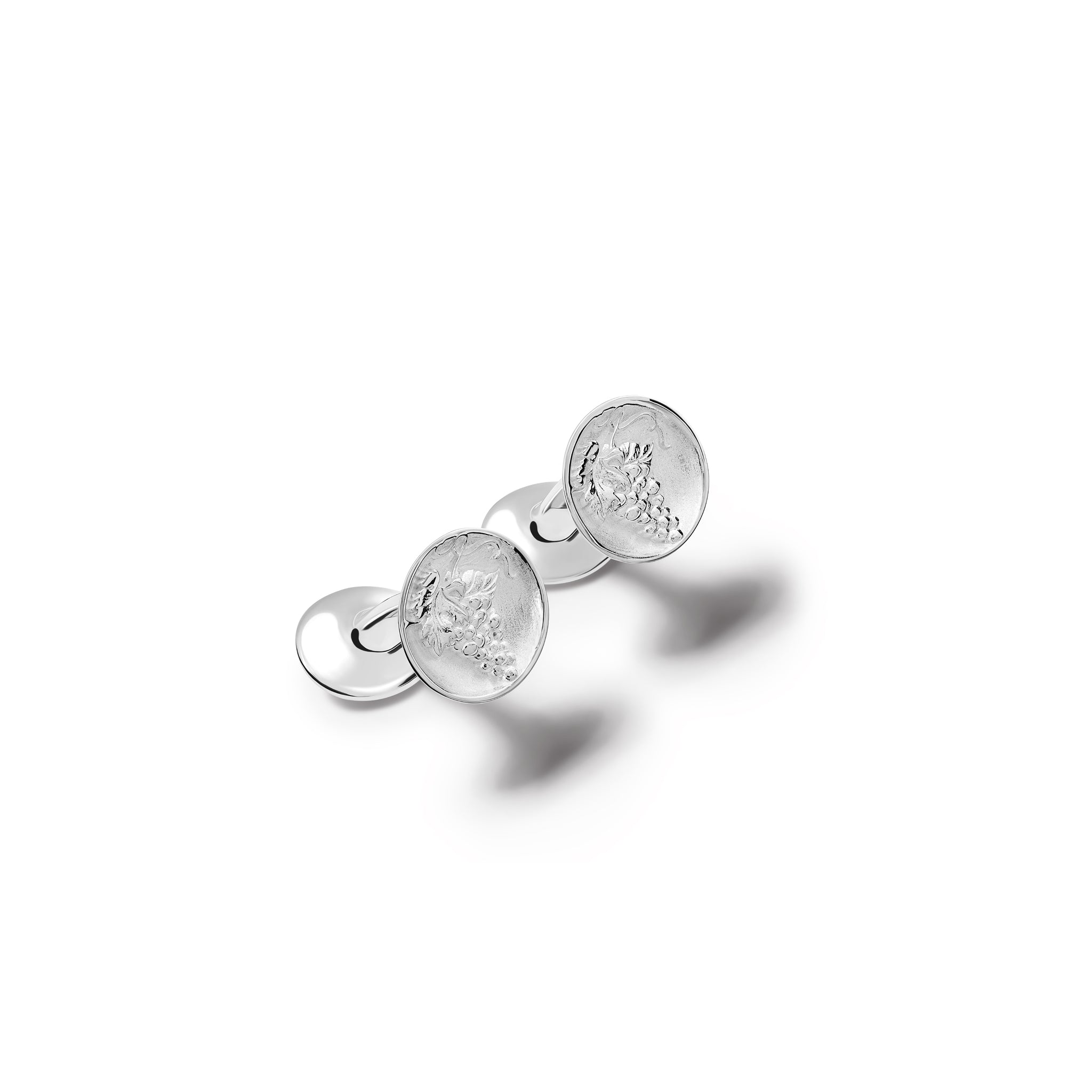 Handcrafted sterling silver single ended cufflinks 'en relief' with the wine grapes in France.