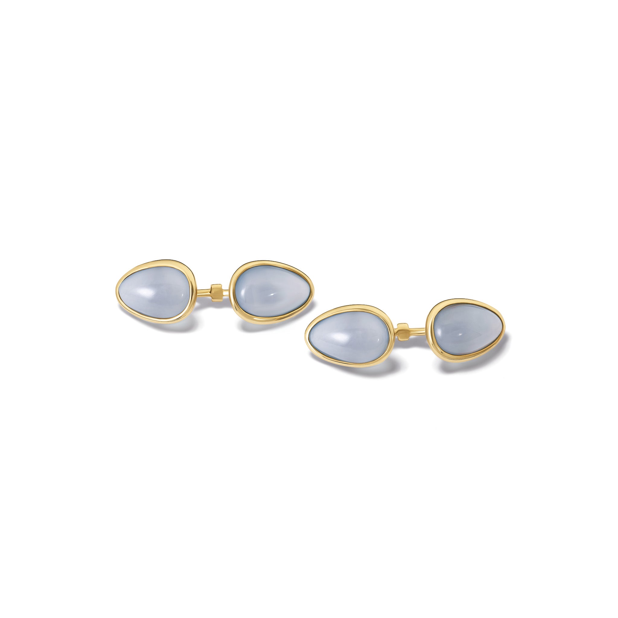 Handcrafted yellow gold double ended cufflinks featuring teardrop shaped blue chalcedony gemstones.