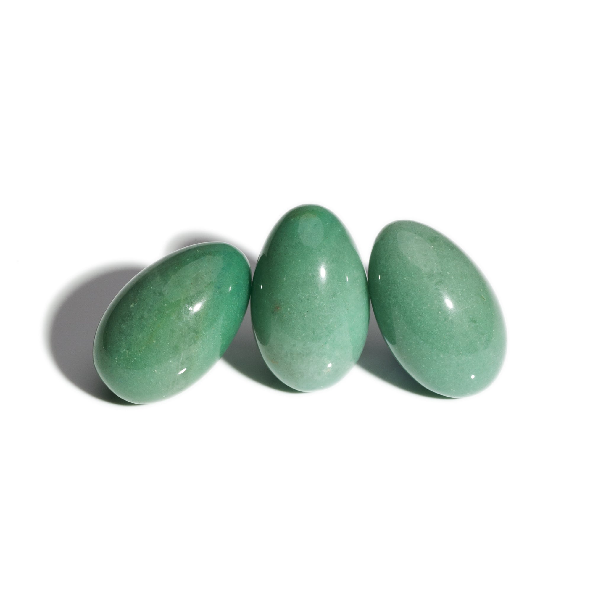 Three handcrafted gemstone eggs in the precious stone aventurine. 