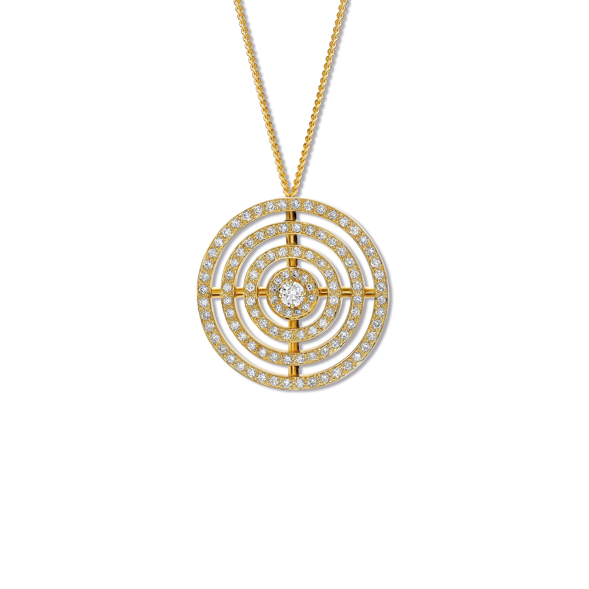 Handcrafted 18ct yellow gold necklace pendant featuring three rows of circles with diamonds.