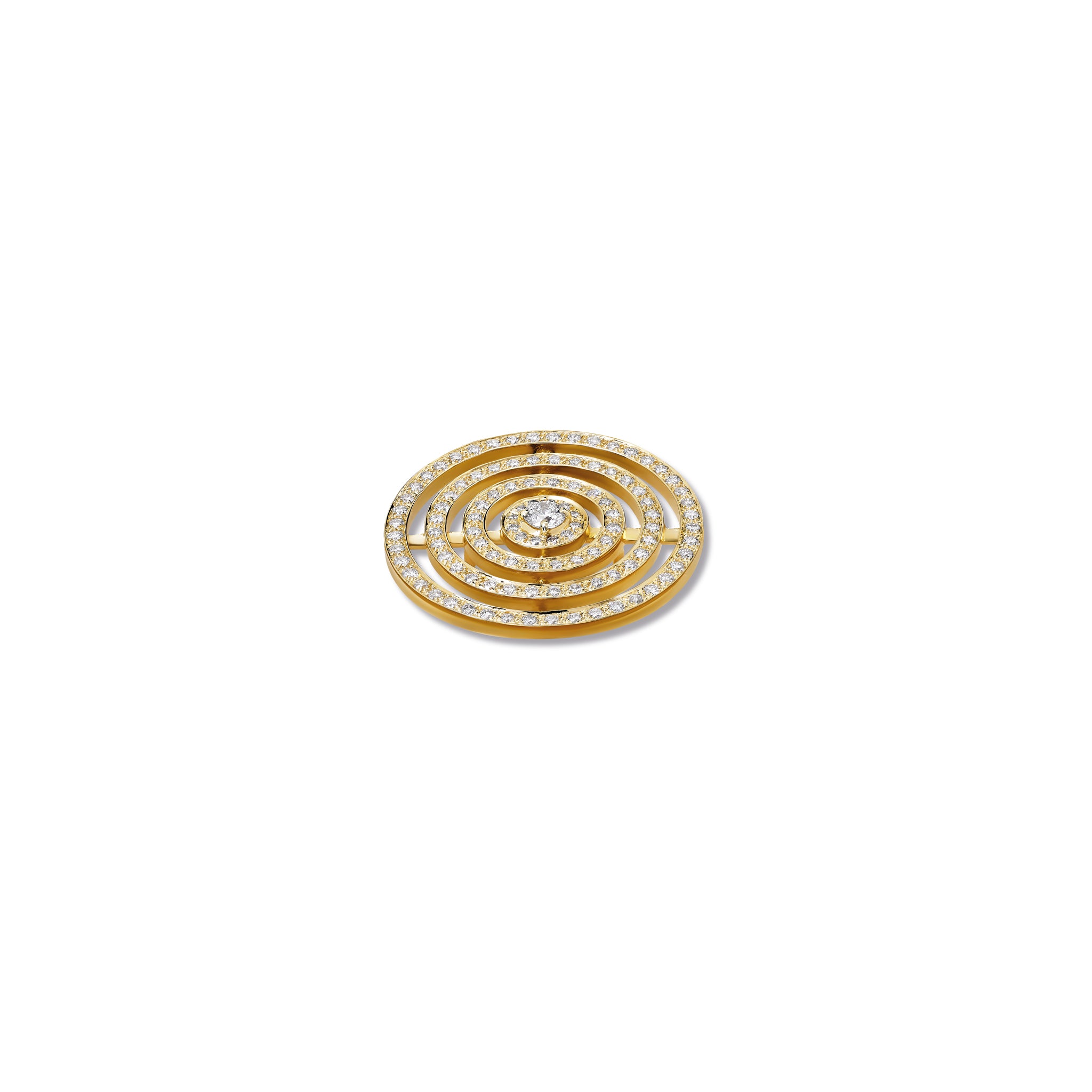 Handcrafted 18ct yellow gold necklace pendant featuring three rows of circles with diamonds.