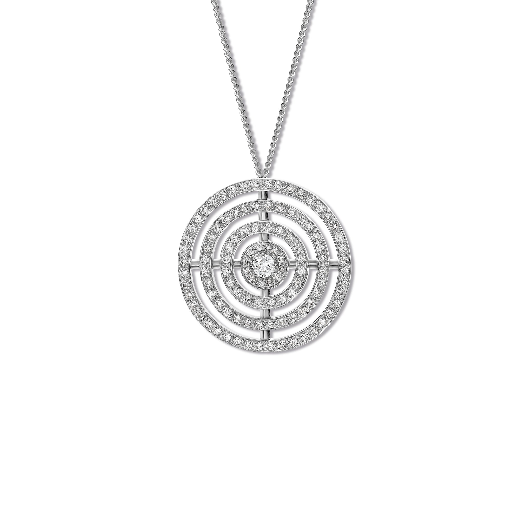 Handcrafted 18ct white gold necklace pendant featuring three rows of circles with diamonds.