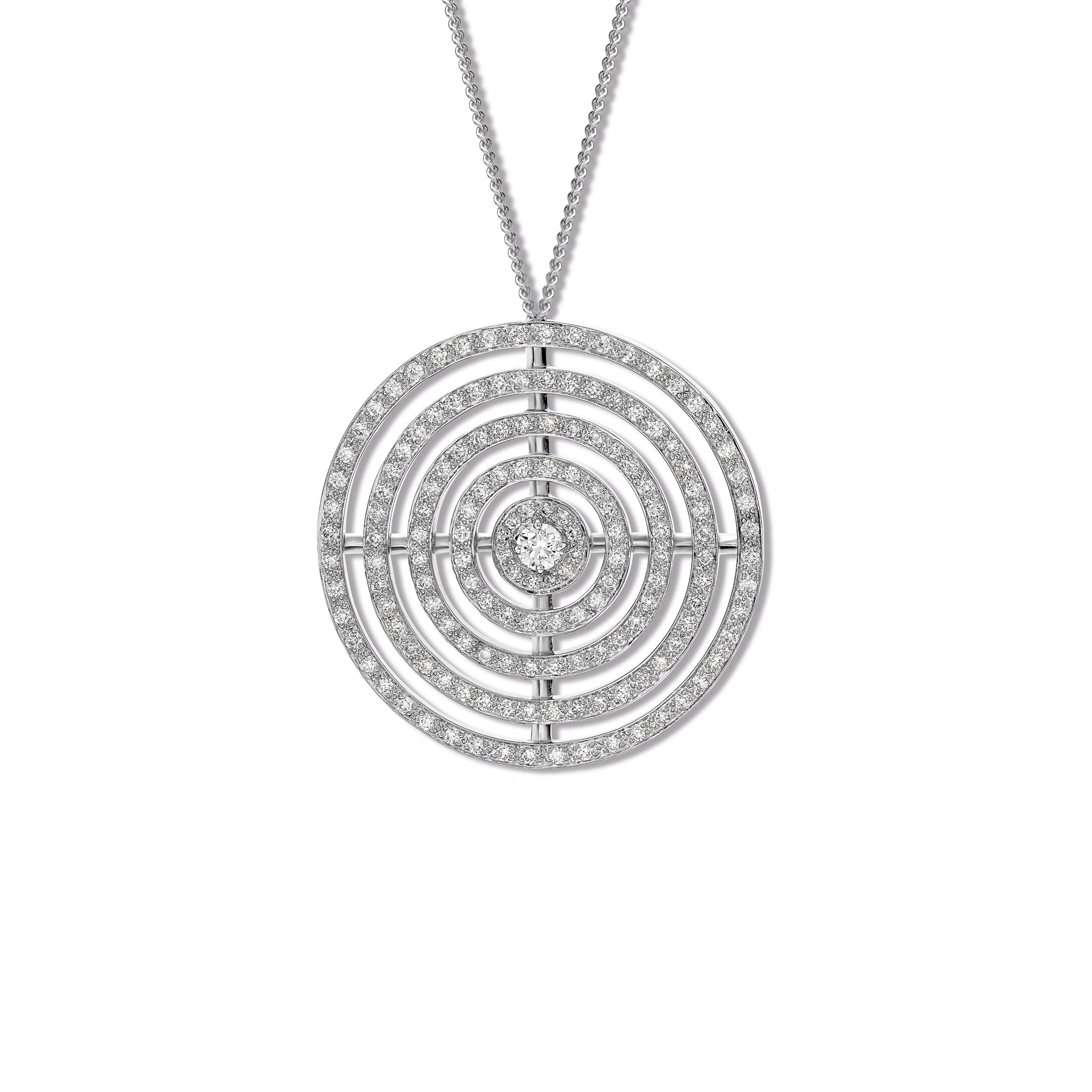 Handcrafted 18ct white gold necklace pendant featuring five rows of circles with diamonds.