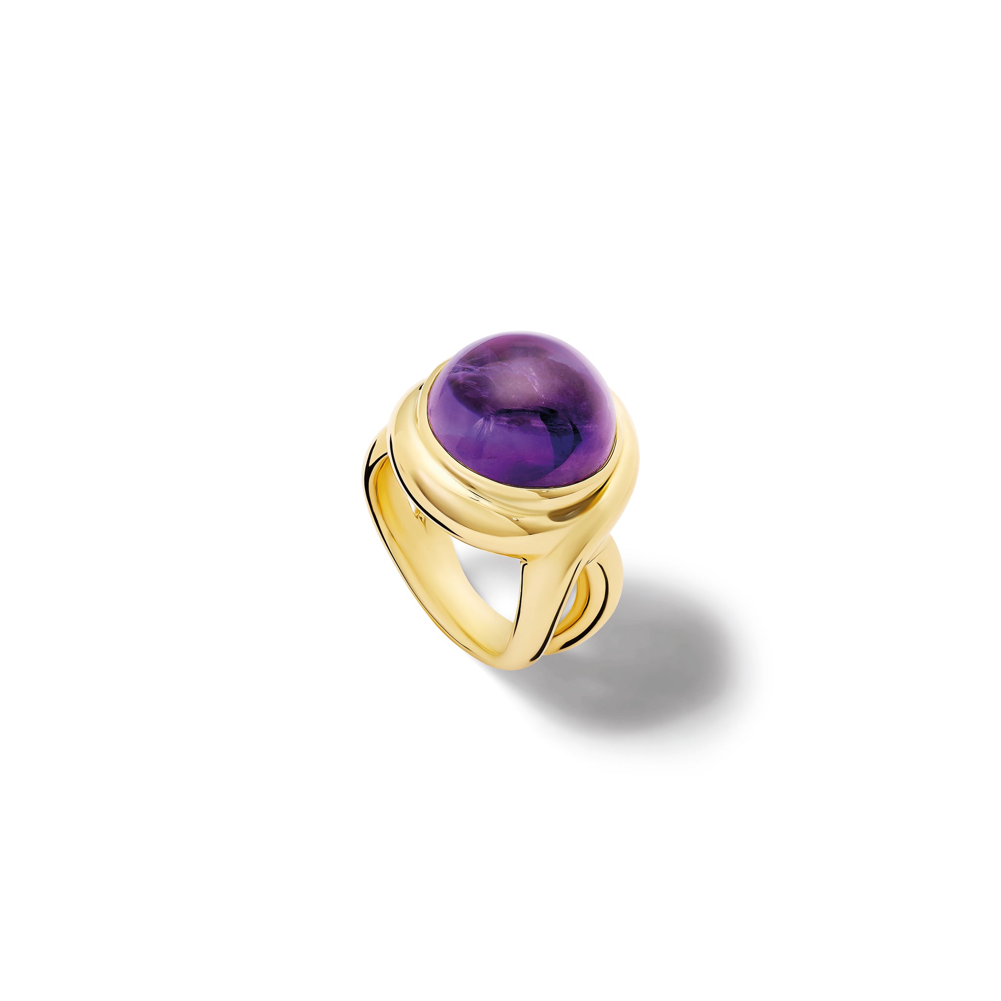 Handcrafted yellow gold ring featuring curved shanks with a round amethyst, birthstone of February.