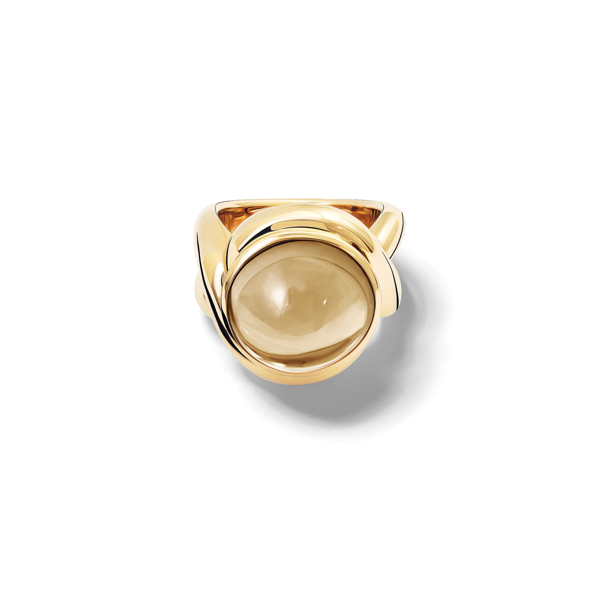 Handcrafted yellow gold ring featuring curved shanks with a cabochon smoky quartz.