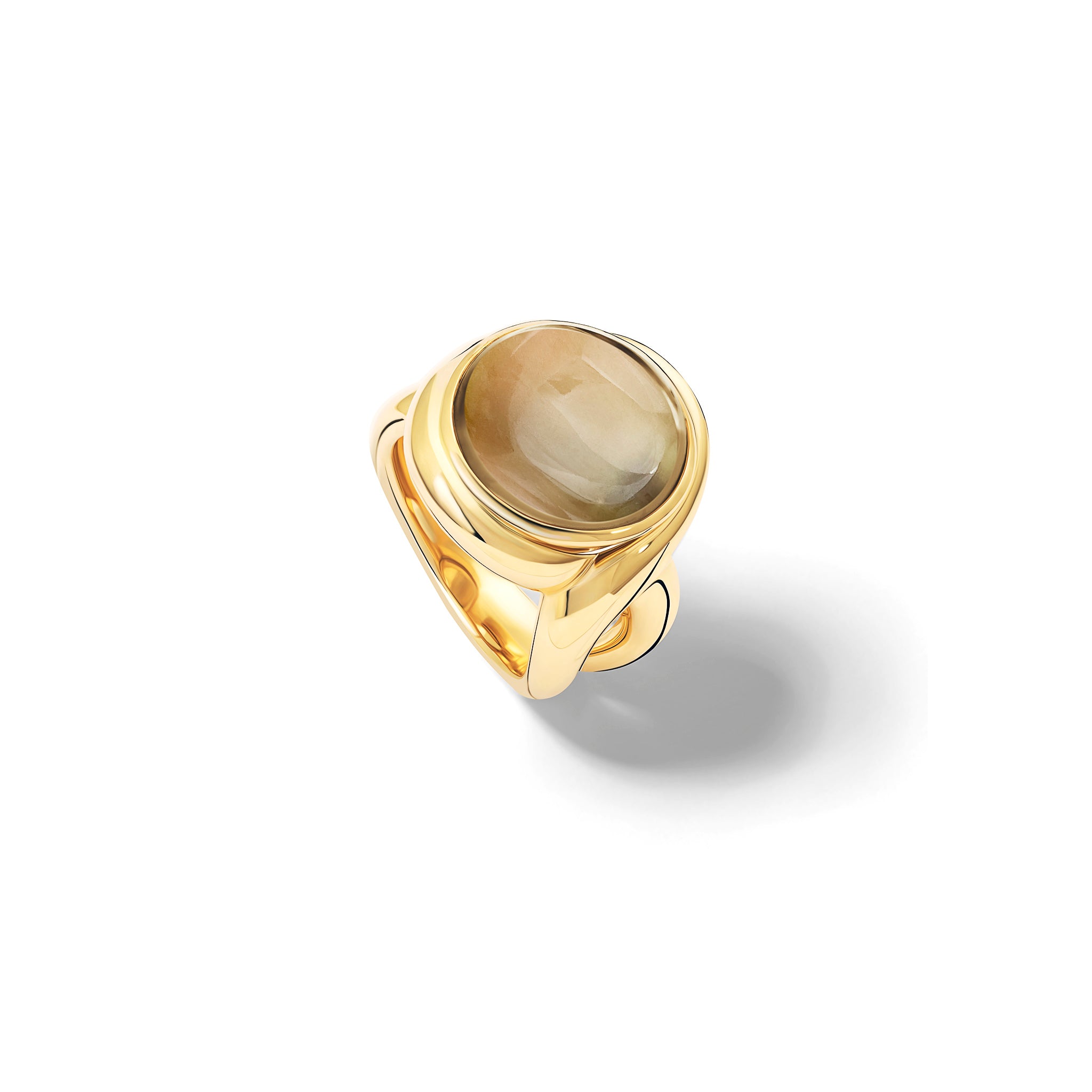 Handcrafted yellow gold ring featuring curved shanks with a cabochon smoky quartz.