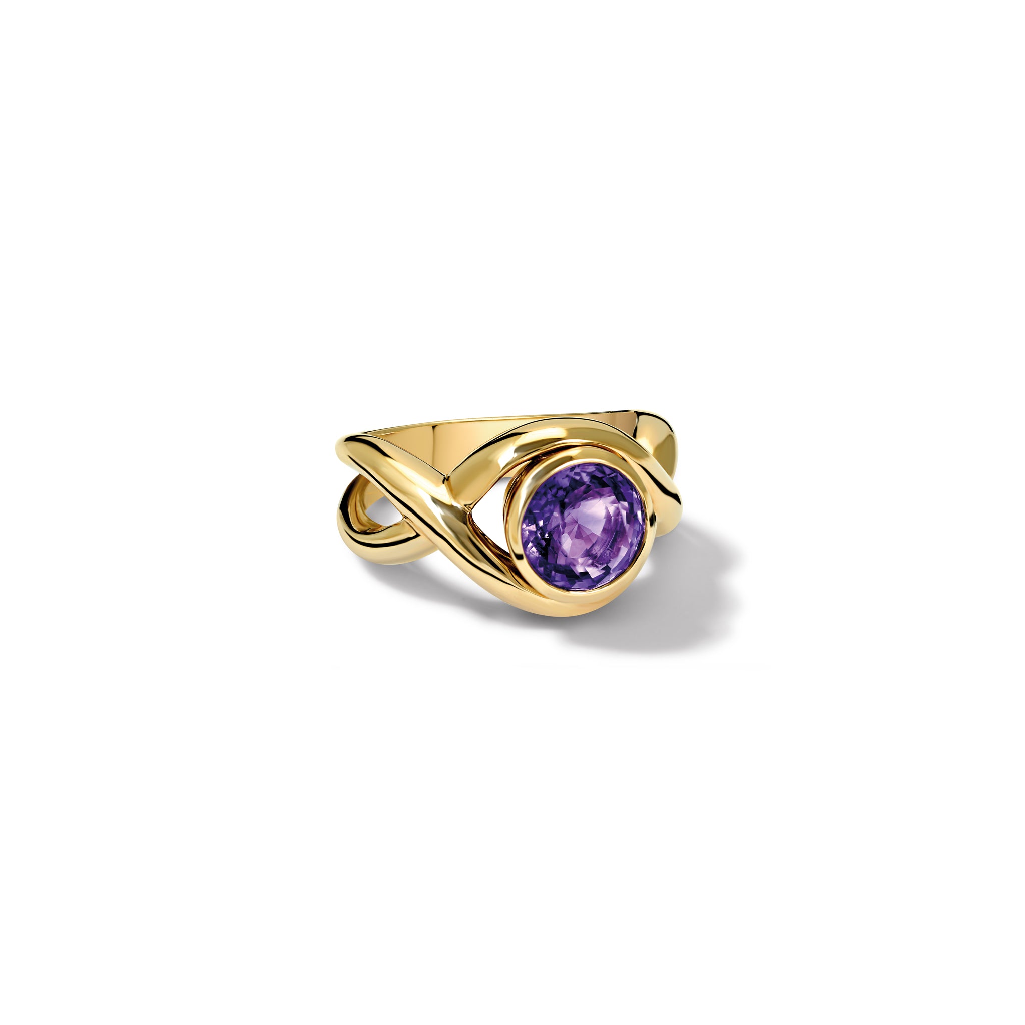 Handcrafted yellow gold ring featuring curved shanks with a amethyst, birthstone of February.