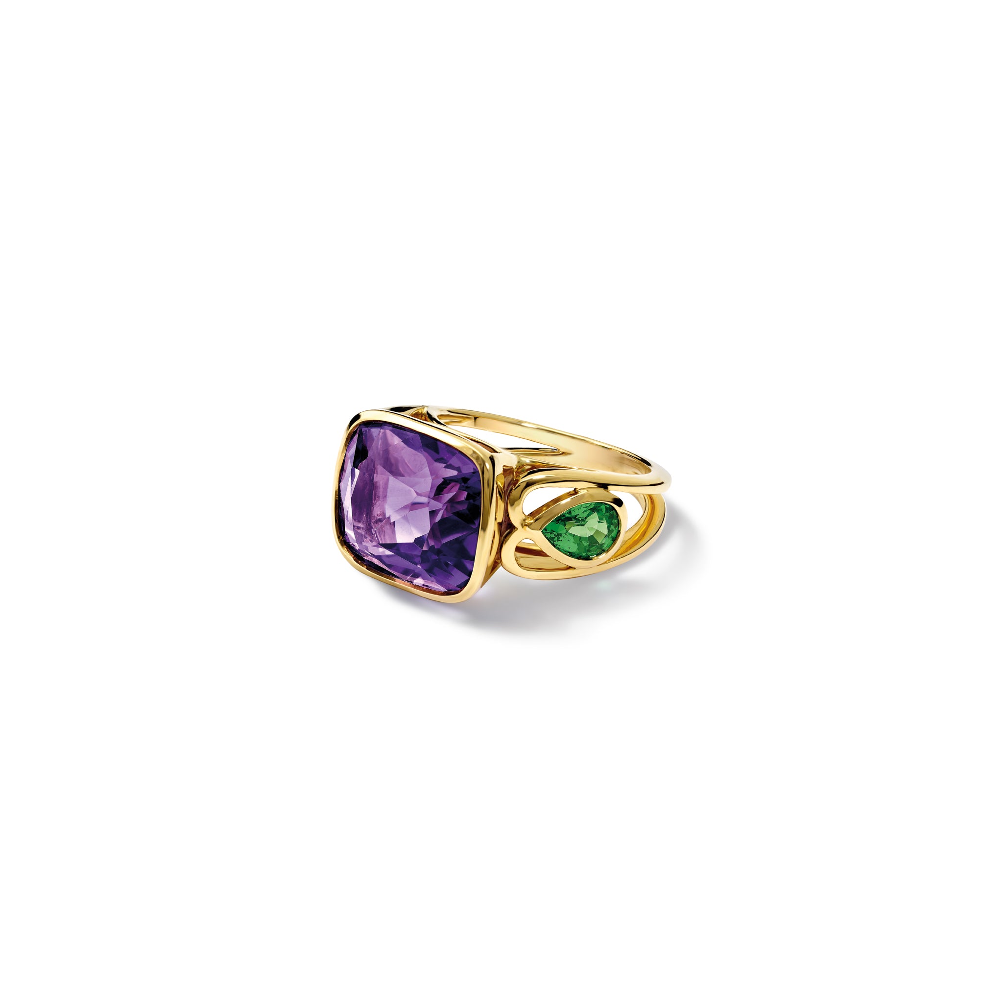 Handcrafted 18ct yellow gold ring featuring a cushion cut amethyst and teardrop shaped Tsavorite garnets.
