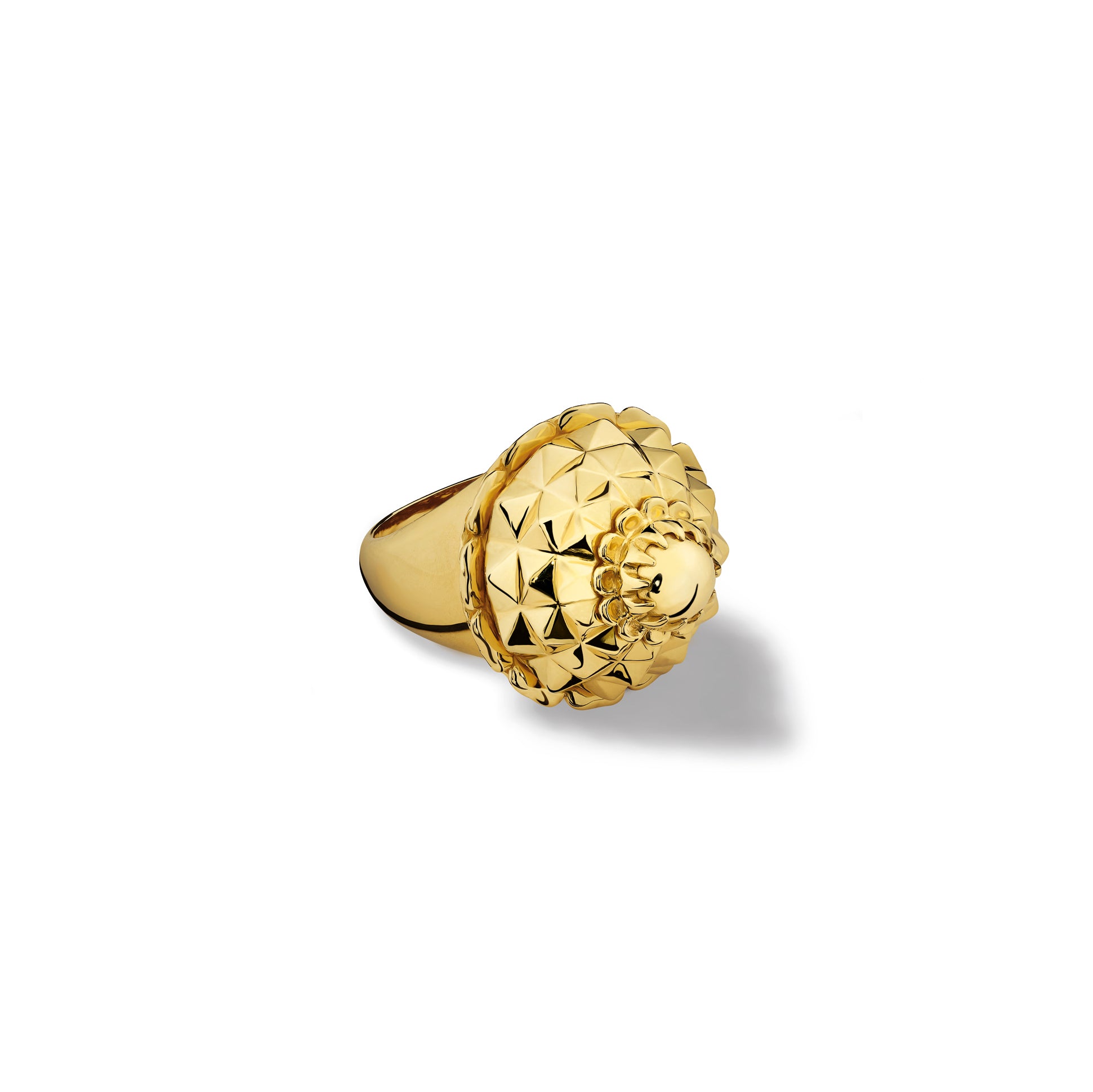 Handcrafted yellow gold ring featuring a pineapple shape.