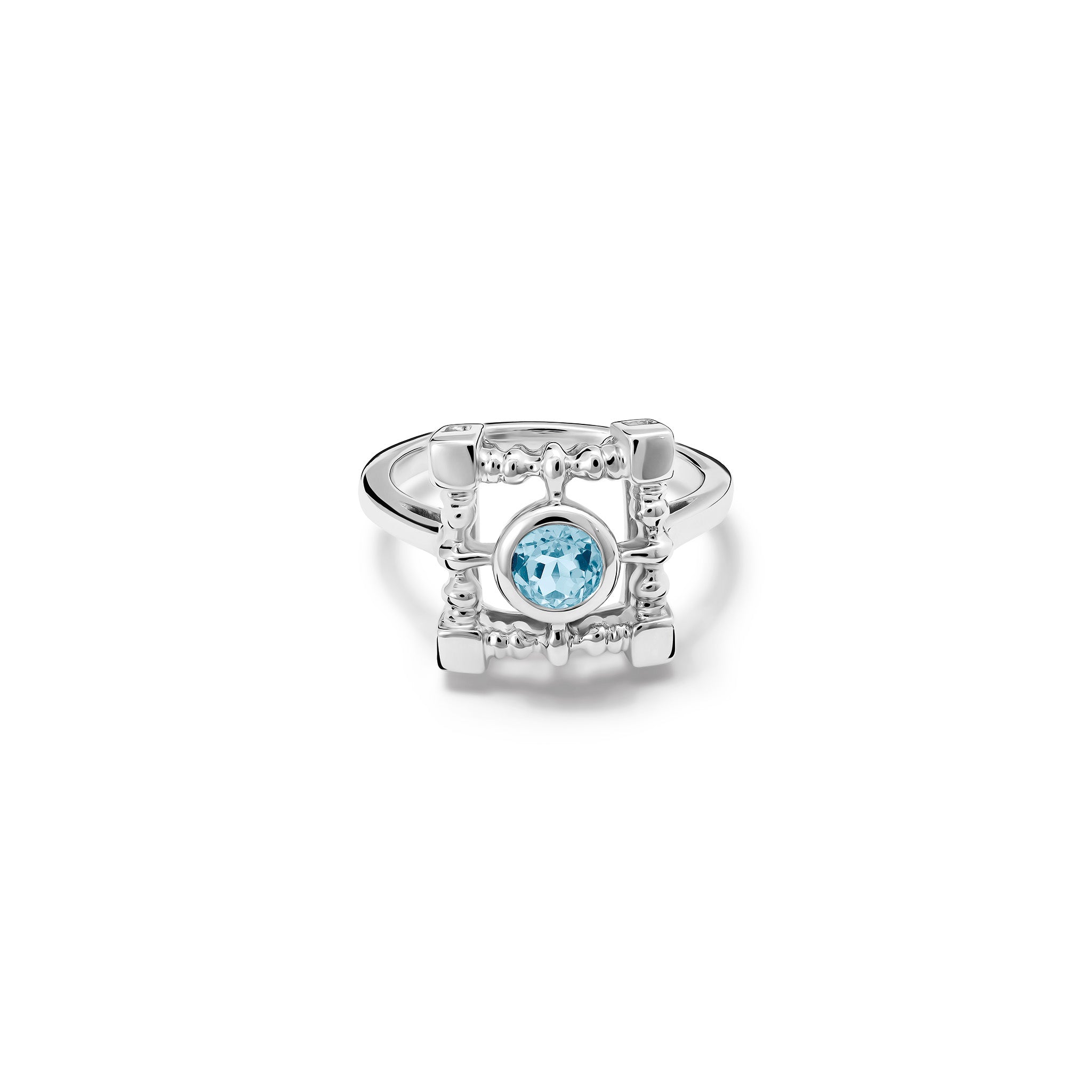 Handcrafted sterling silver ring featuring a square-shaped frame with a central blue topaz, birthstone of November.