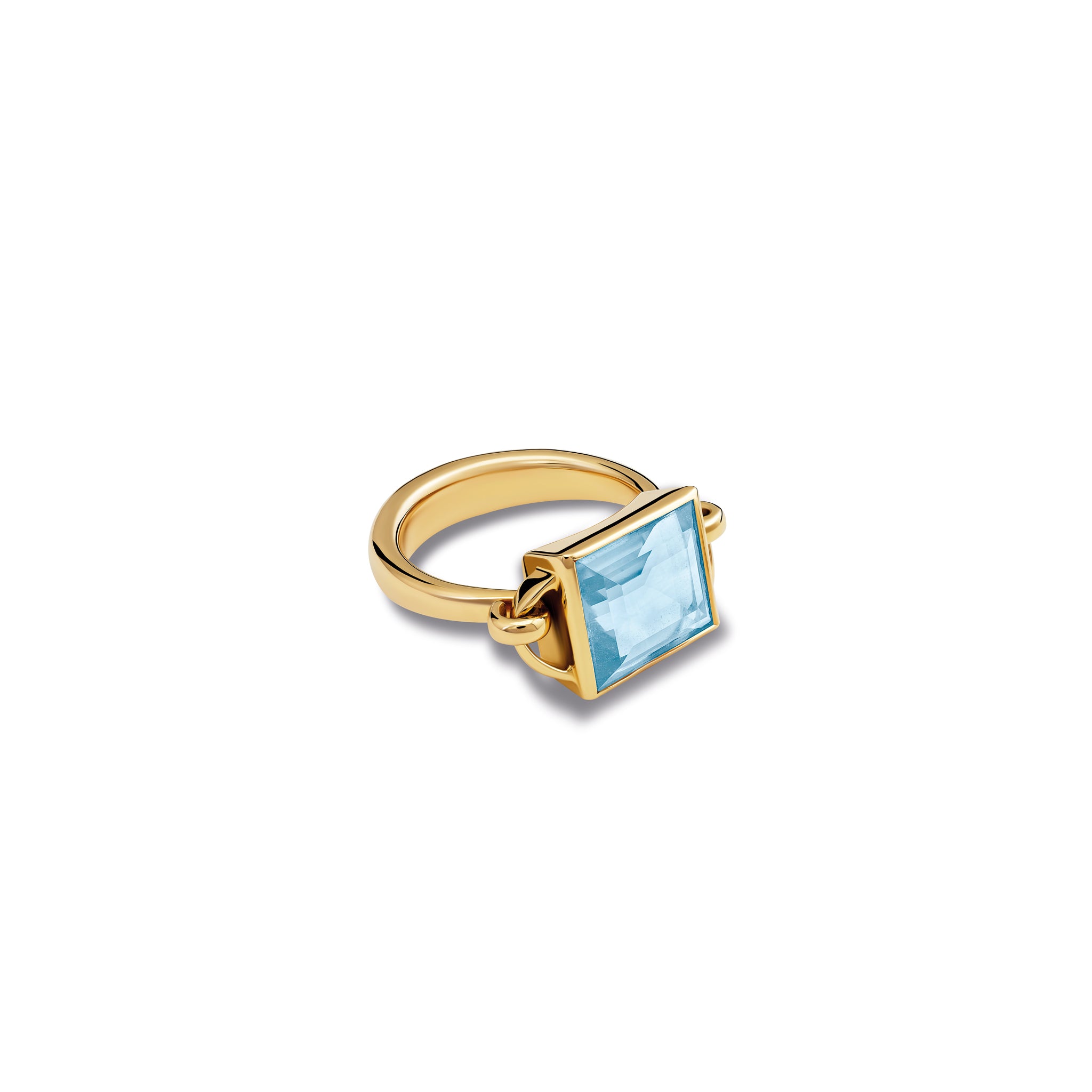 Handcrafted yellow gold ring featuring a central blue topaz, birthstone of November.