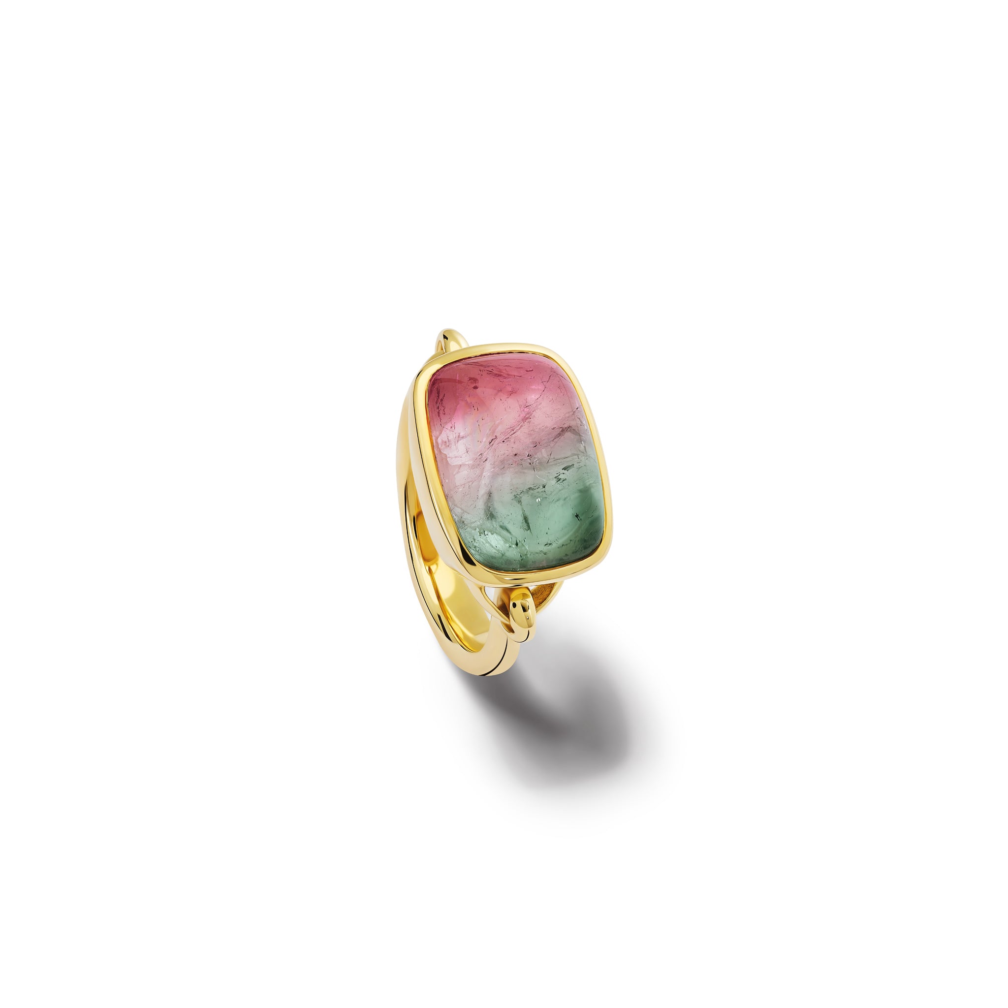 Handcrafted 18ct yellow gold ring featuring a central cabocon watermelon tourmaline, birthstone of October.