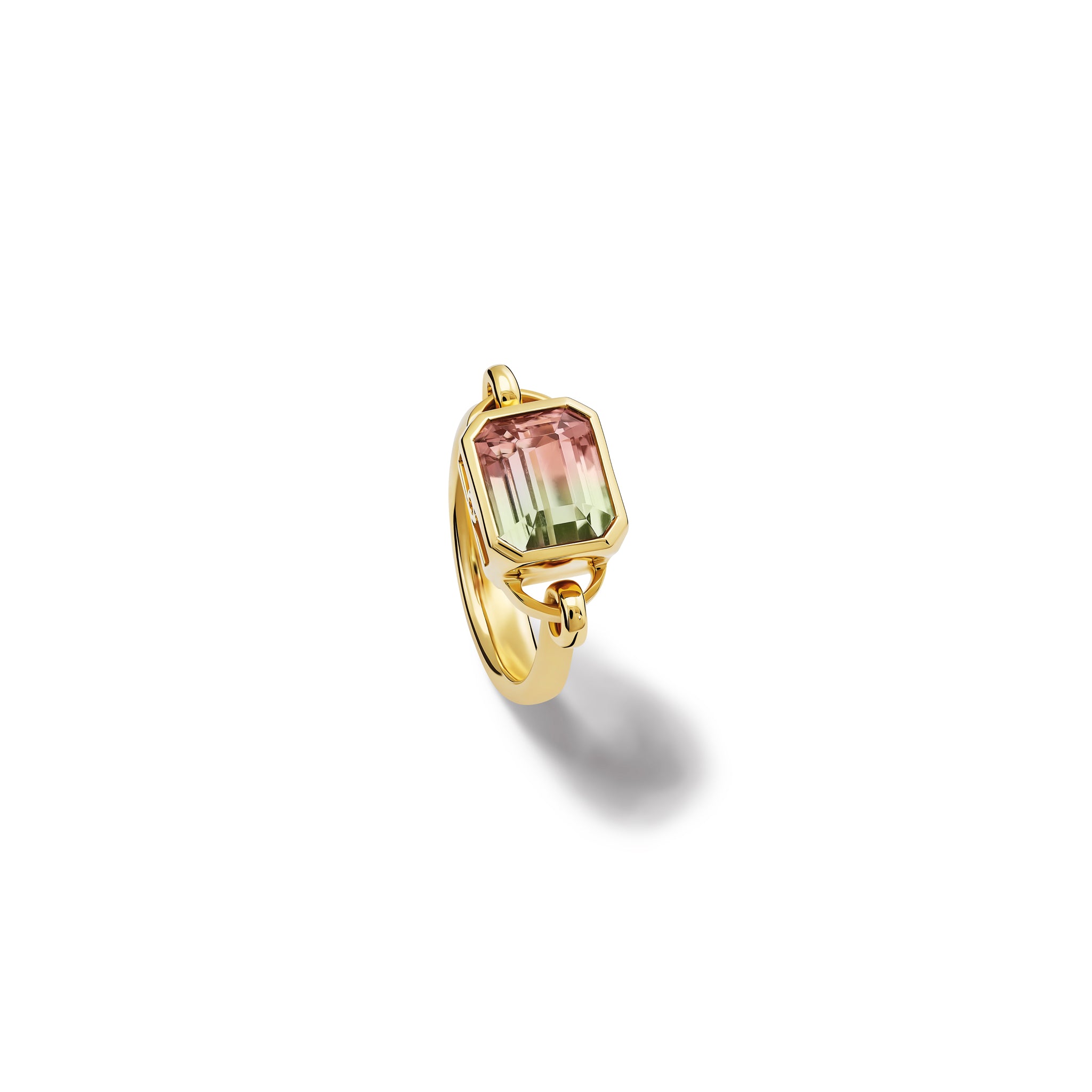 Handcrafted 18ct yellow gold ring featuring a central watermelon tourmaline, birthstone of October.