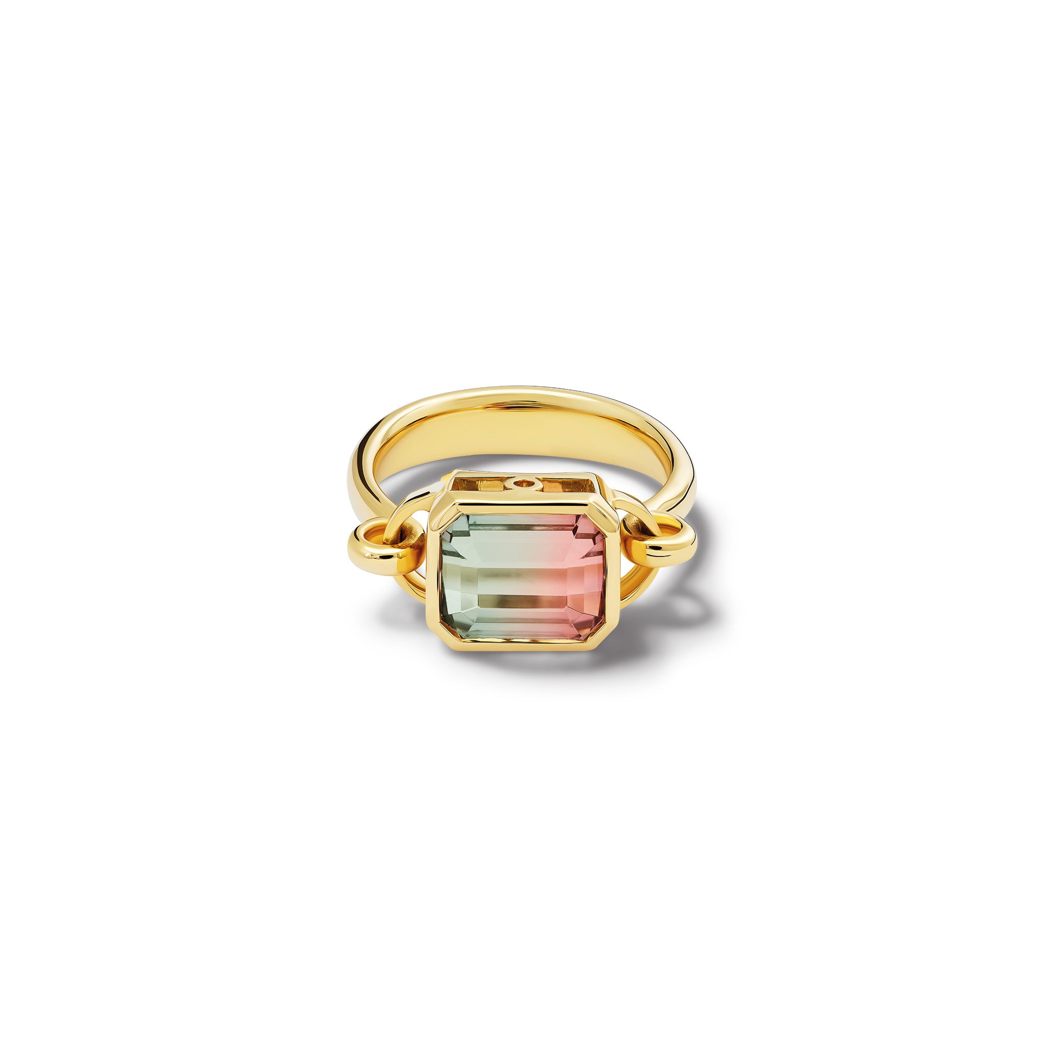 Handcrafted 18ct yellow gold ring featuring a central watermelon tourmaline, birthstone of October.