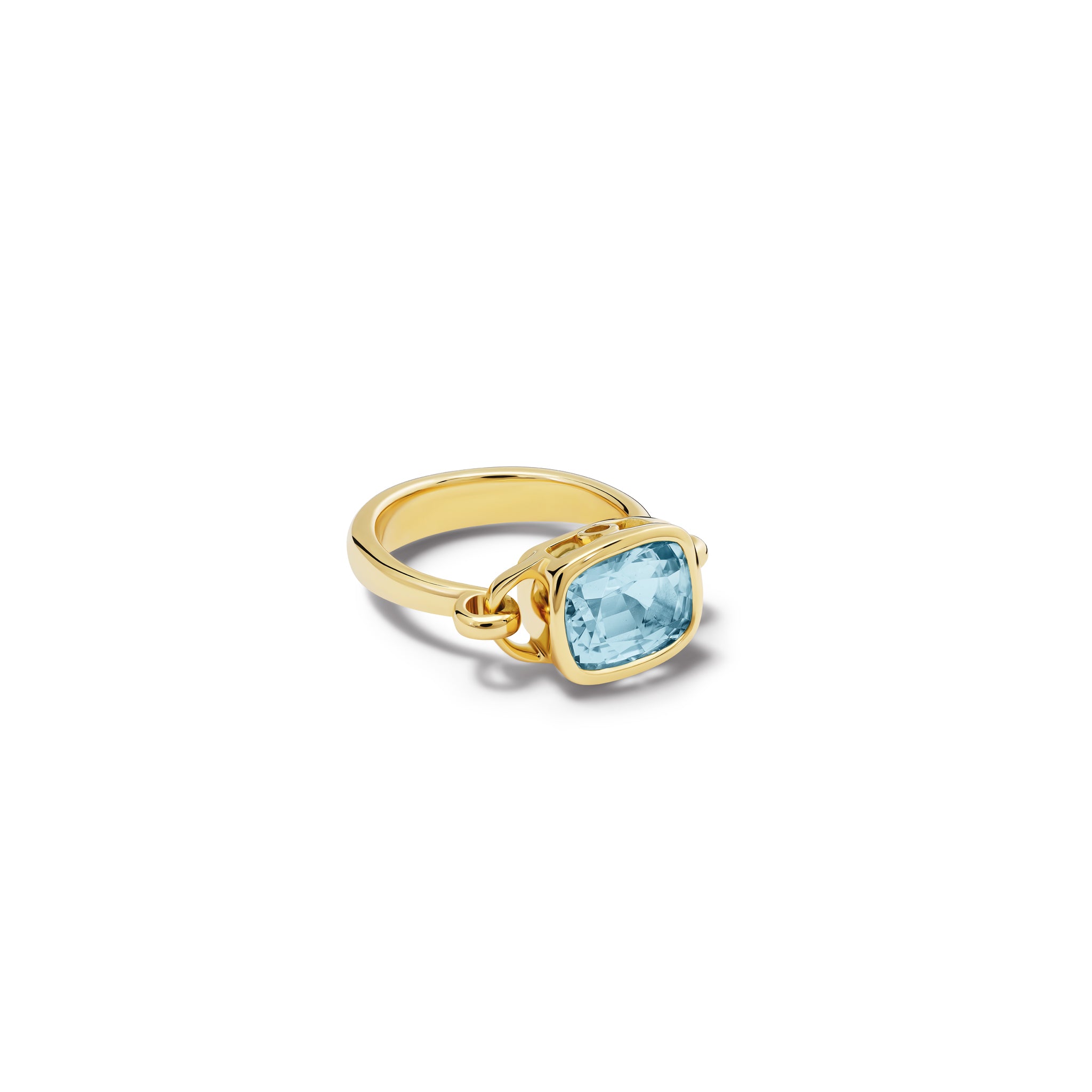 Handcrafted 18ct yellow gold ring featuring a central facetted aquamarine, birthstone of March.