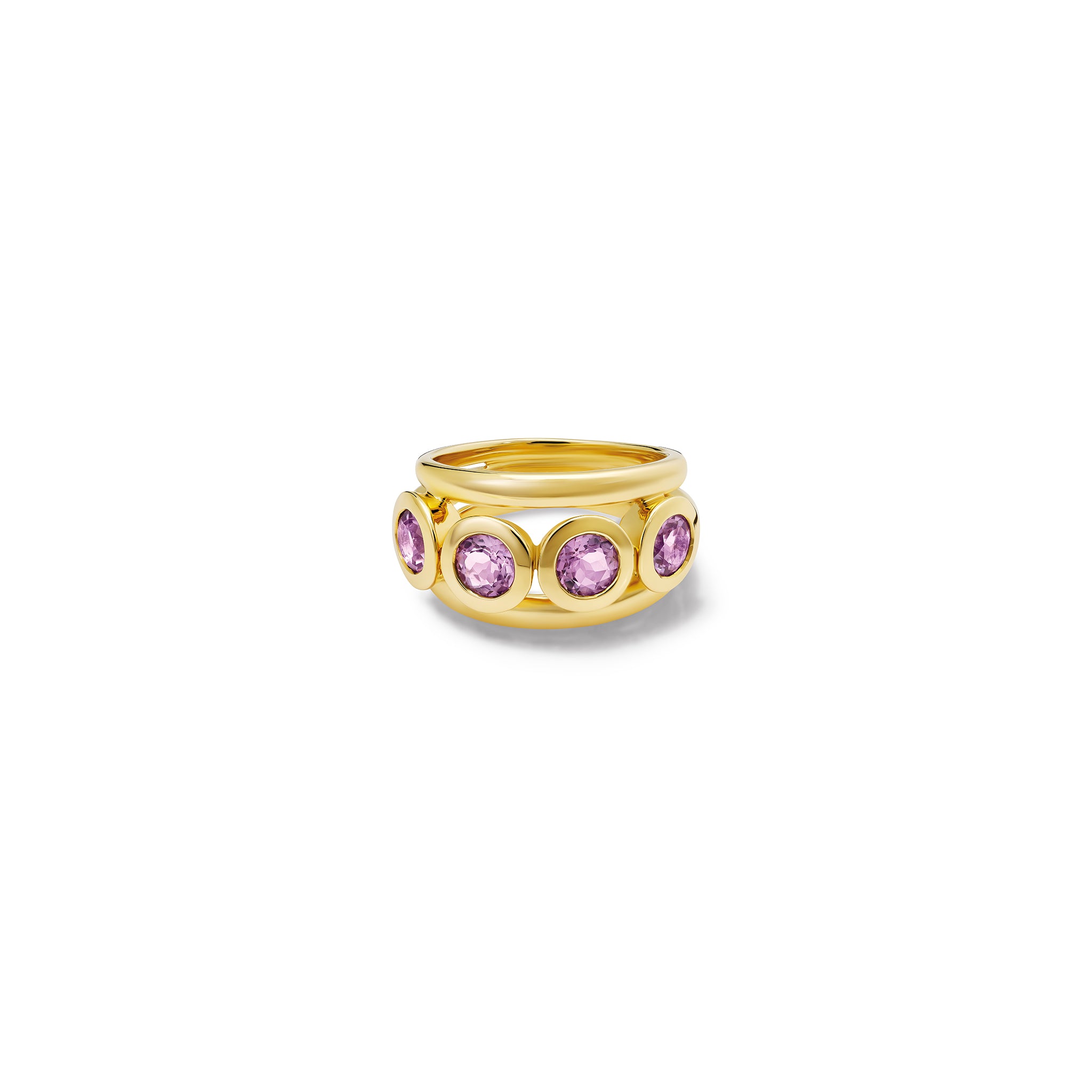 Handcrafted yellow gold ring with a bold band and five circular amethyst  gemstones, birthstone of February,  in bezel settings.