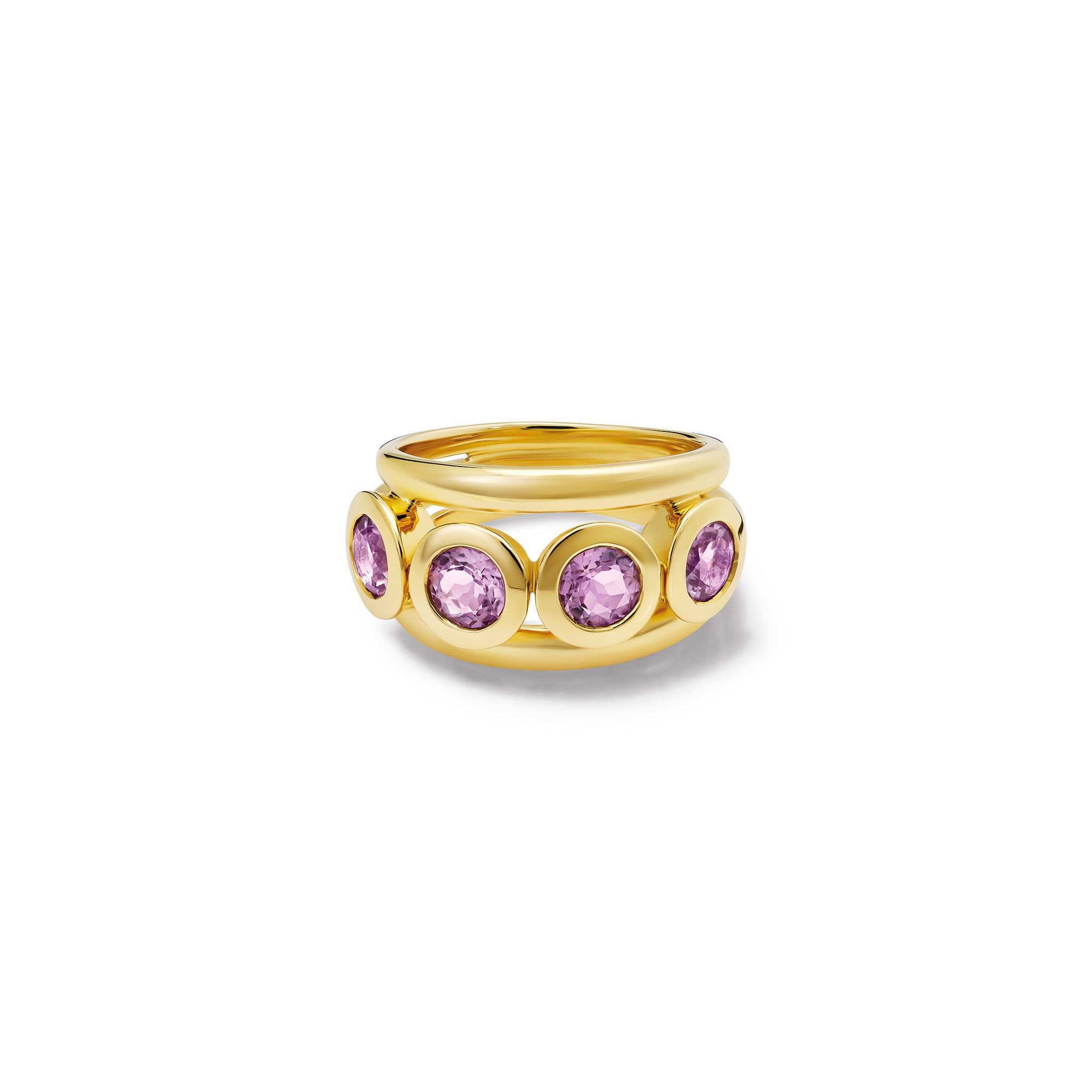 Handcrafted yellow gold ring with a bold band and five circular amethyst  gemstones, birthstone of February,  in bezel settings.