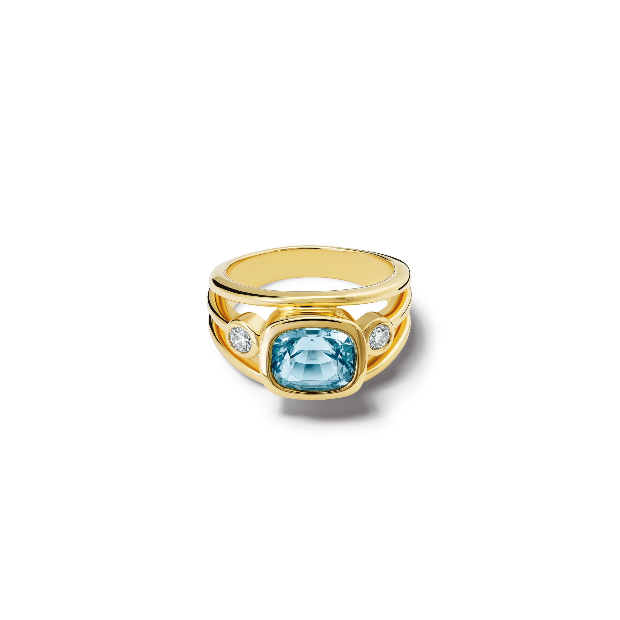 Handcrafted 18ct yellow gold ring with a central aquamarine, the birthstone of March, flanked by two round diamonds.