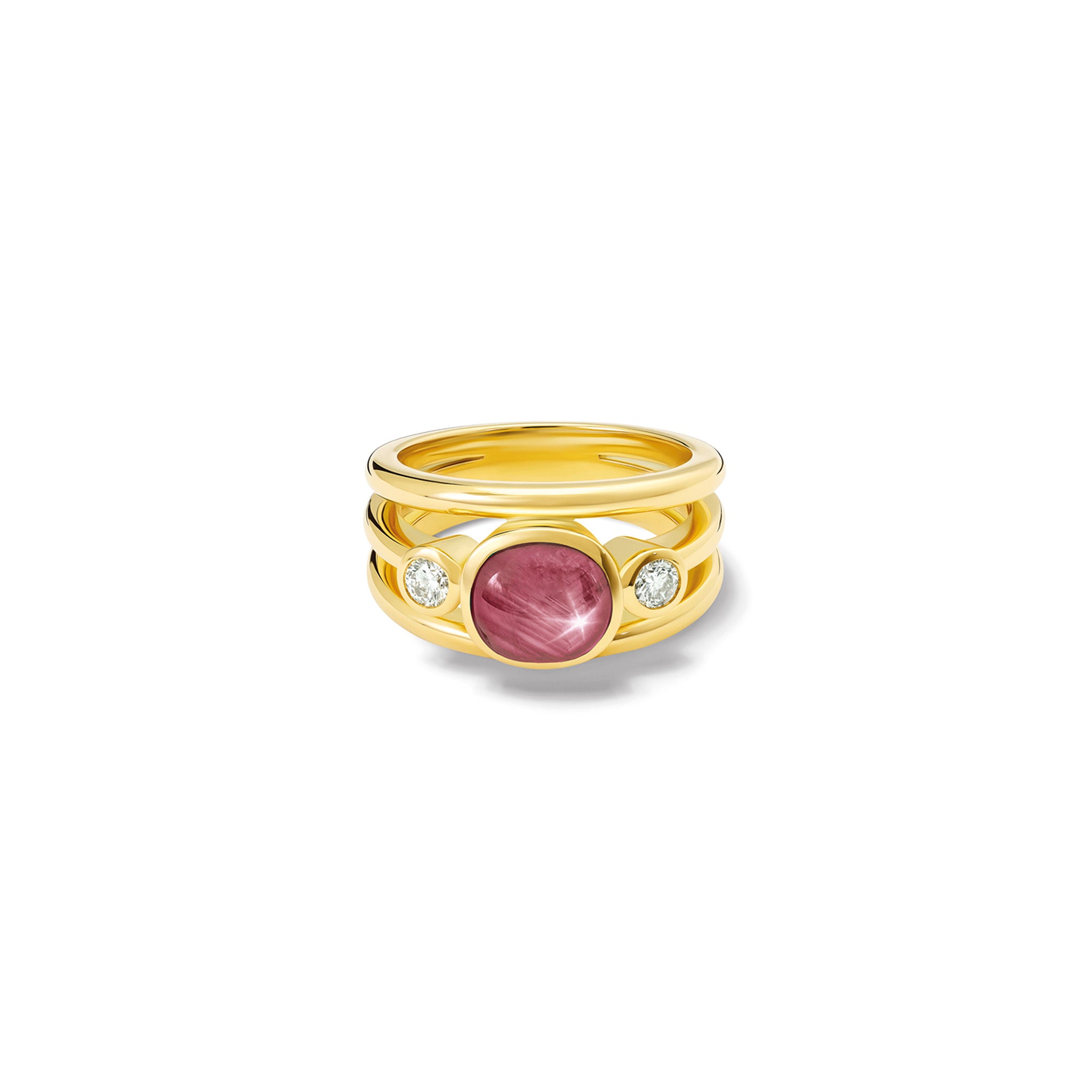 Handcrafted 18ct yellow gold ring with a central star ruby, the birthstone of July, flanked by two round diamonds.