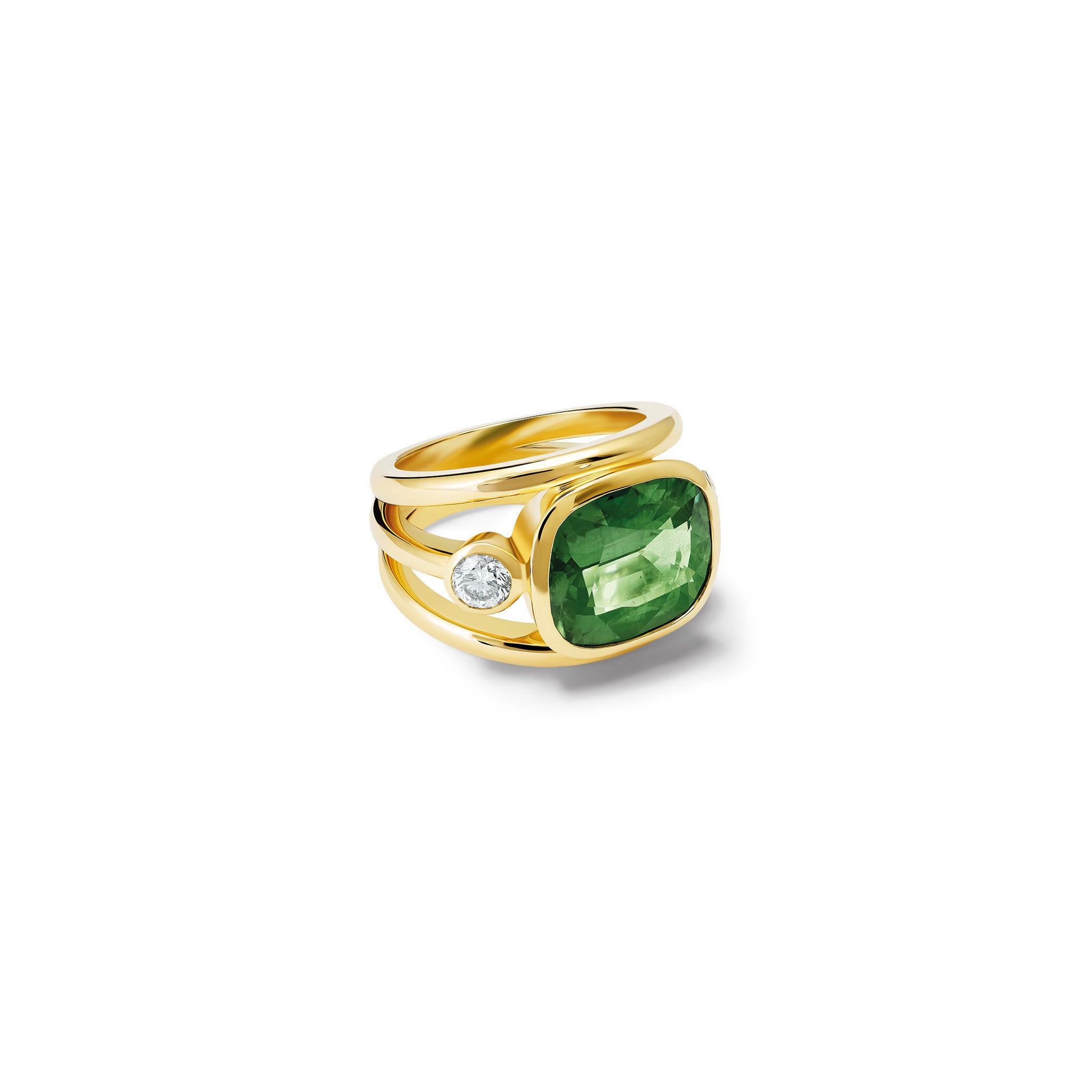 Handcrafted 18ct yellow gold ring with a central green sapphire, the birthstone of September, flanked by two round diamonds.