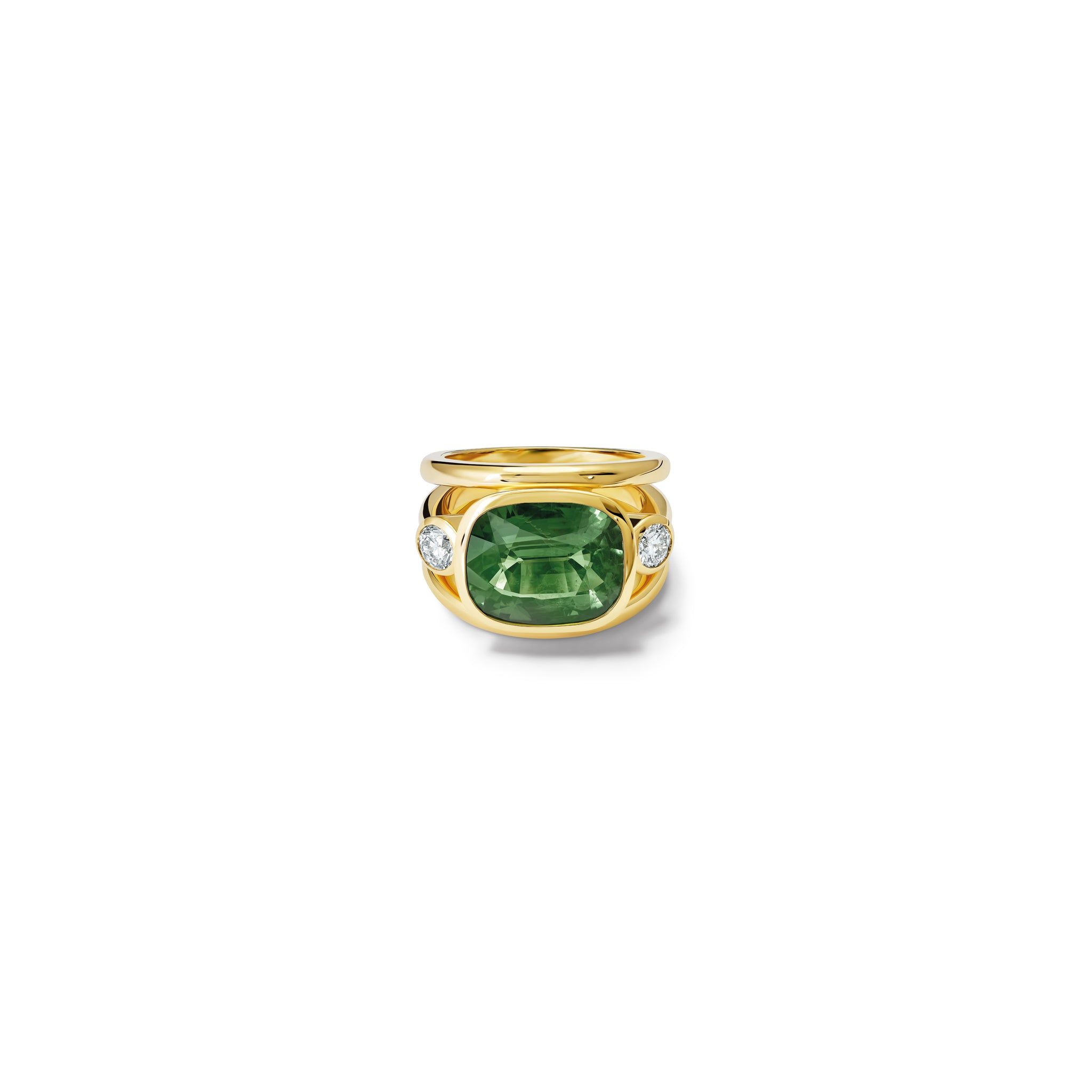 Handcrafted 18ct yellow gold ring with a central green sapphire, the birthstone of September, flanked by two round diamonds.