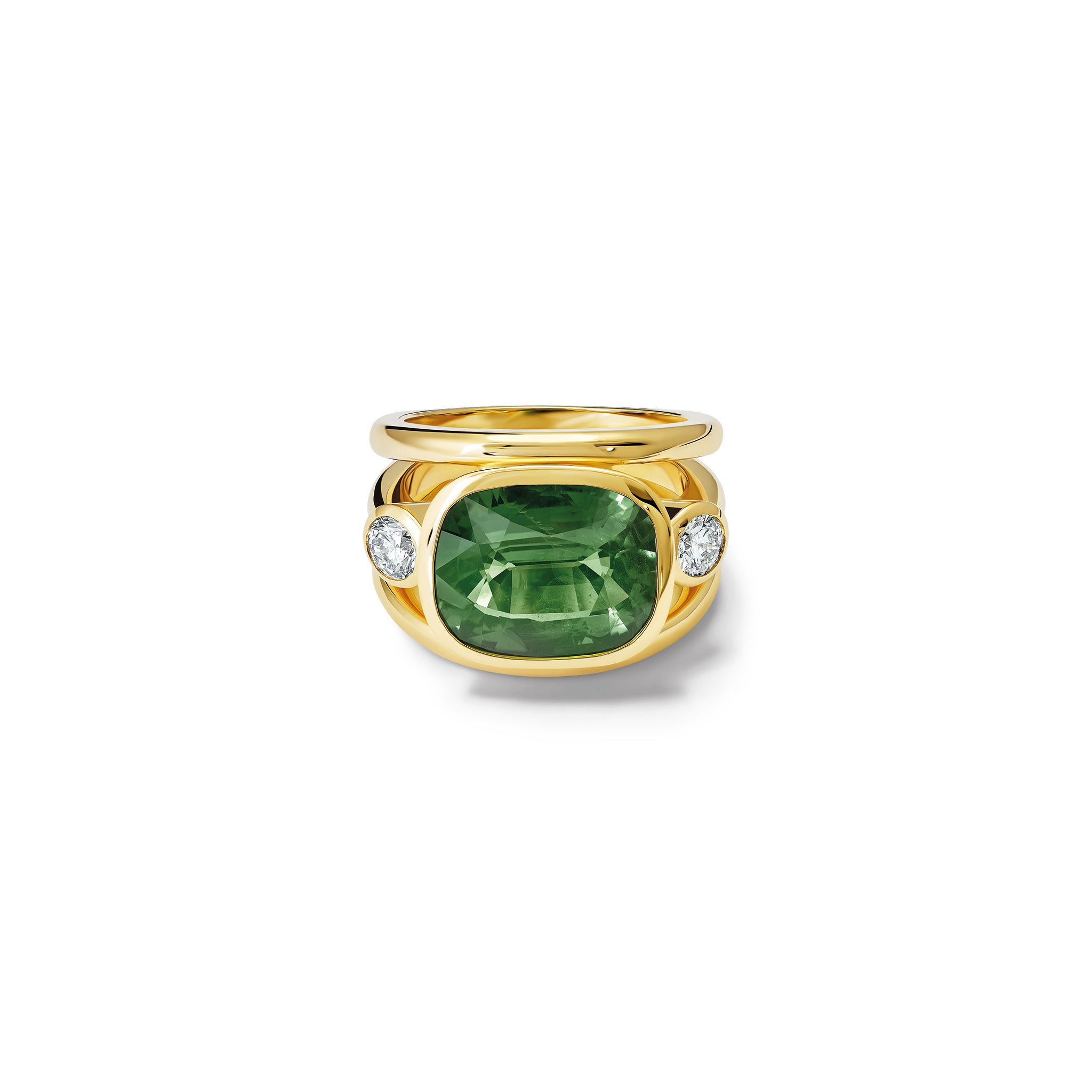 Handcrafted 18ct yellow gold ring with a central green sapphire, the birthstone of September, flanked by two round diamonds.