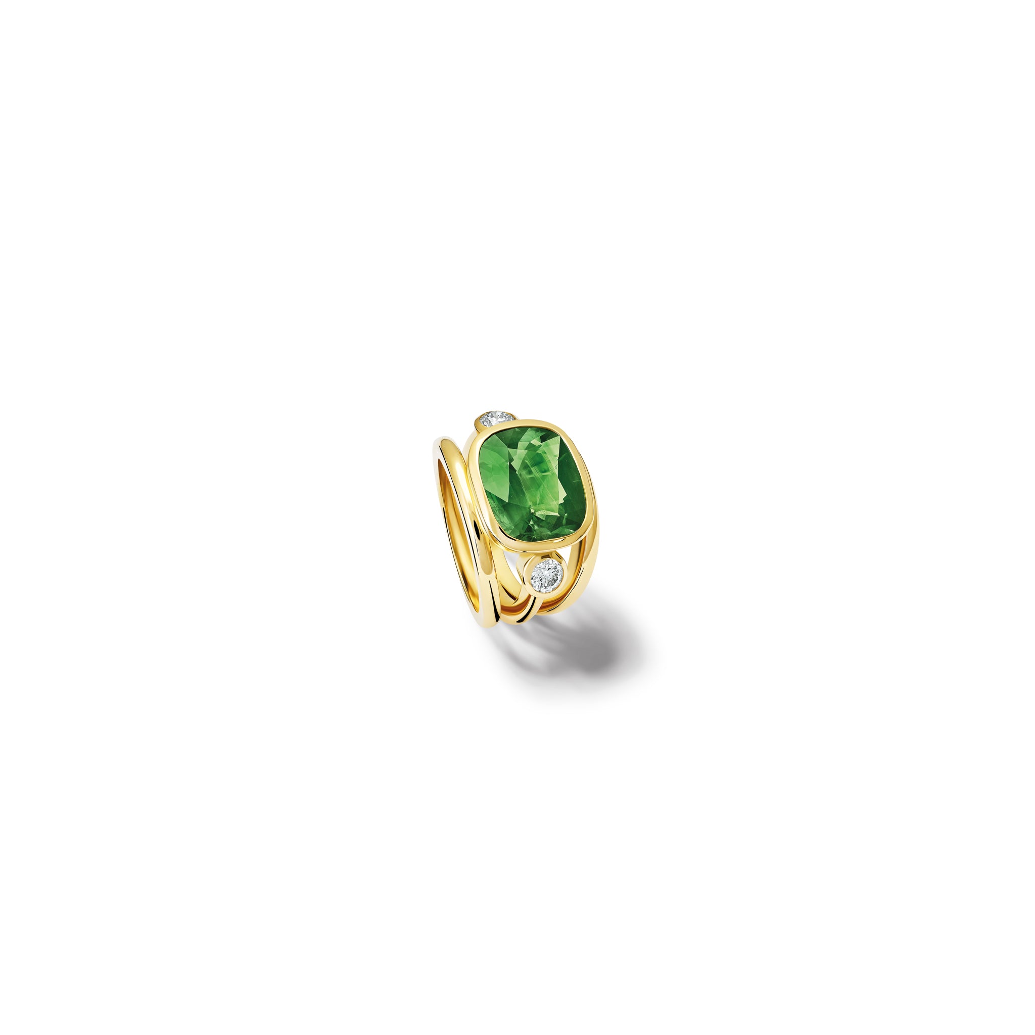 Handcrafted 18ct yellow gold ring with a central green sapphire, the birthstone of September, flanked by two round diamonds.