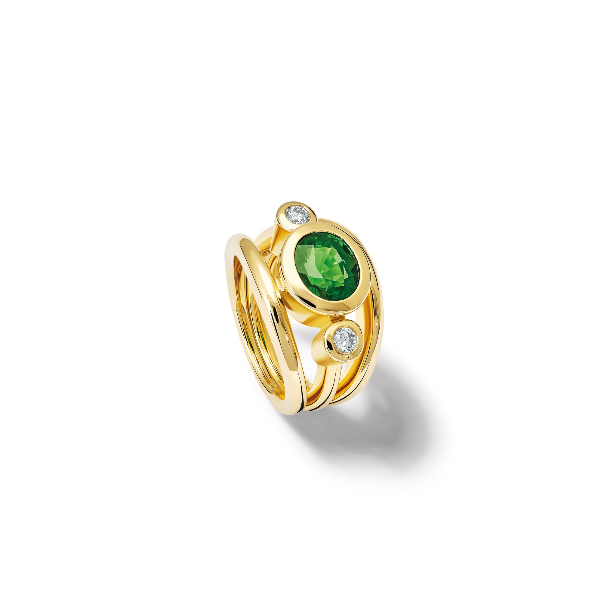 Handcrafted 18ct yellow gold ring with a central chrome green tourmaline, the birthstone of October, flanked by two round diamonds.