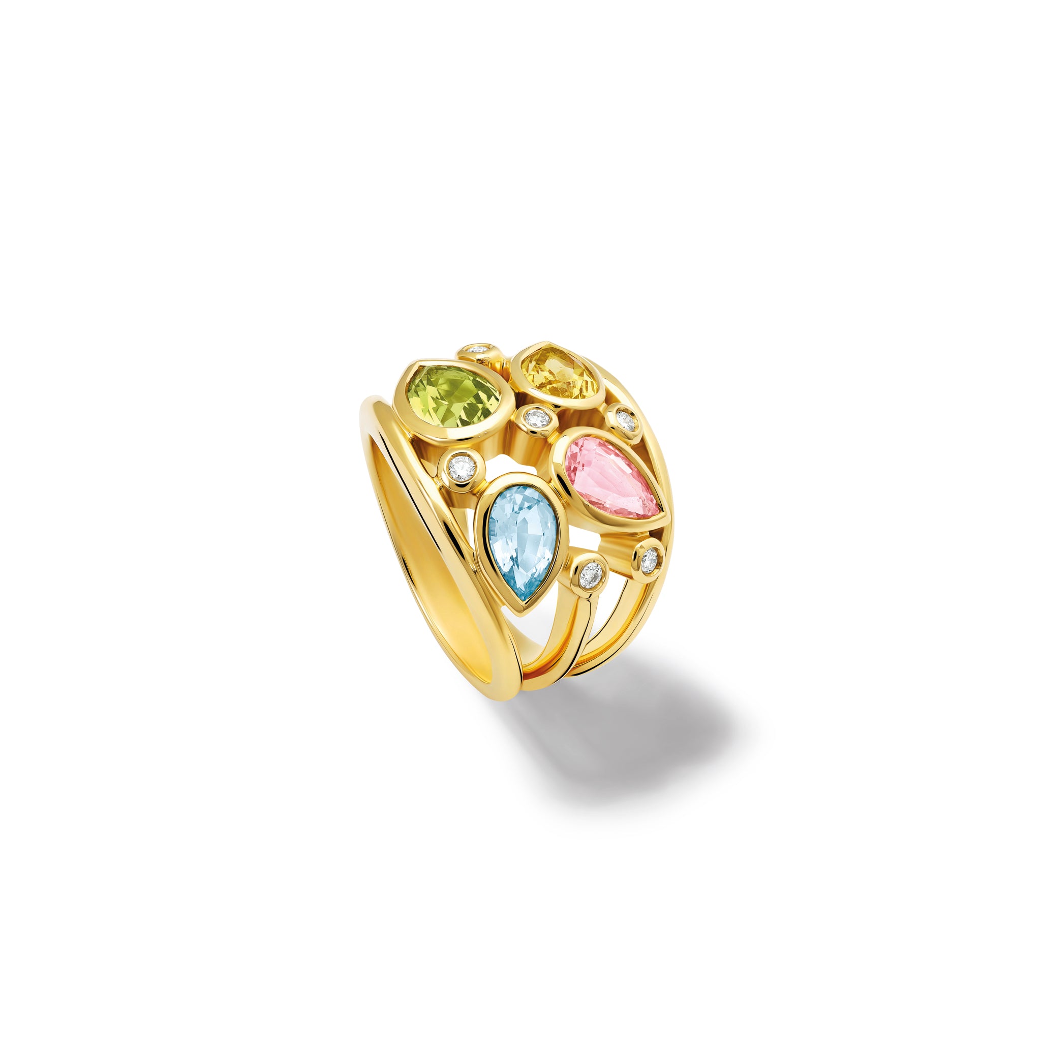 Handcrafted 18ct yellow gold ring featuring four beryls and smaller diamonds.