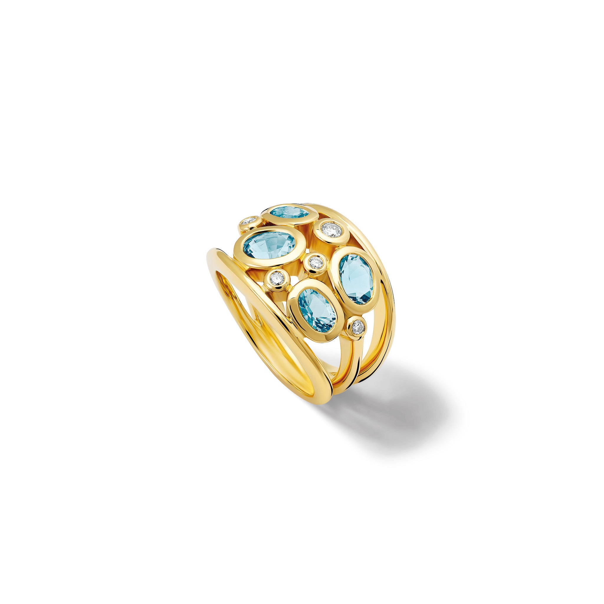 Handcrafted 18ct yellow gold ring featuring four aquamarines and smaller diamonds.