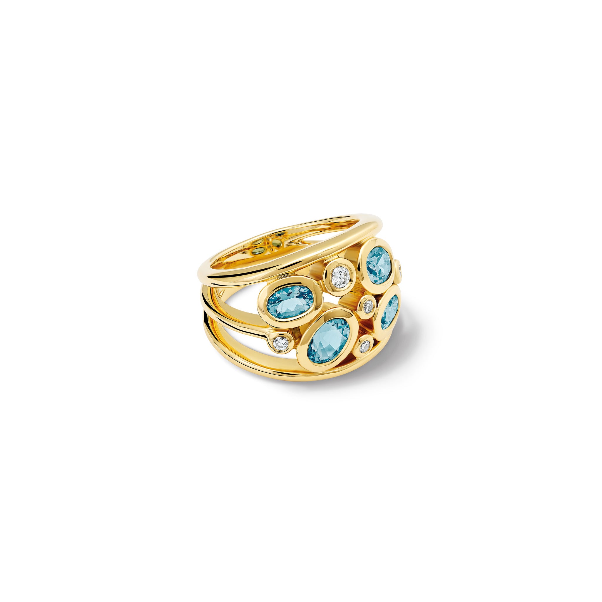 Handcrafted 18ct yellow gold ring featuring four aquamarines and smaller diamonds.