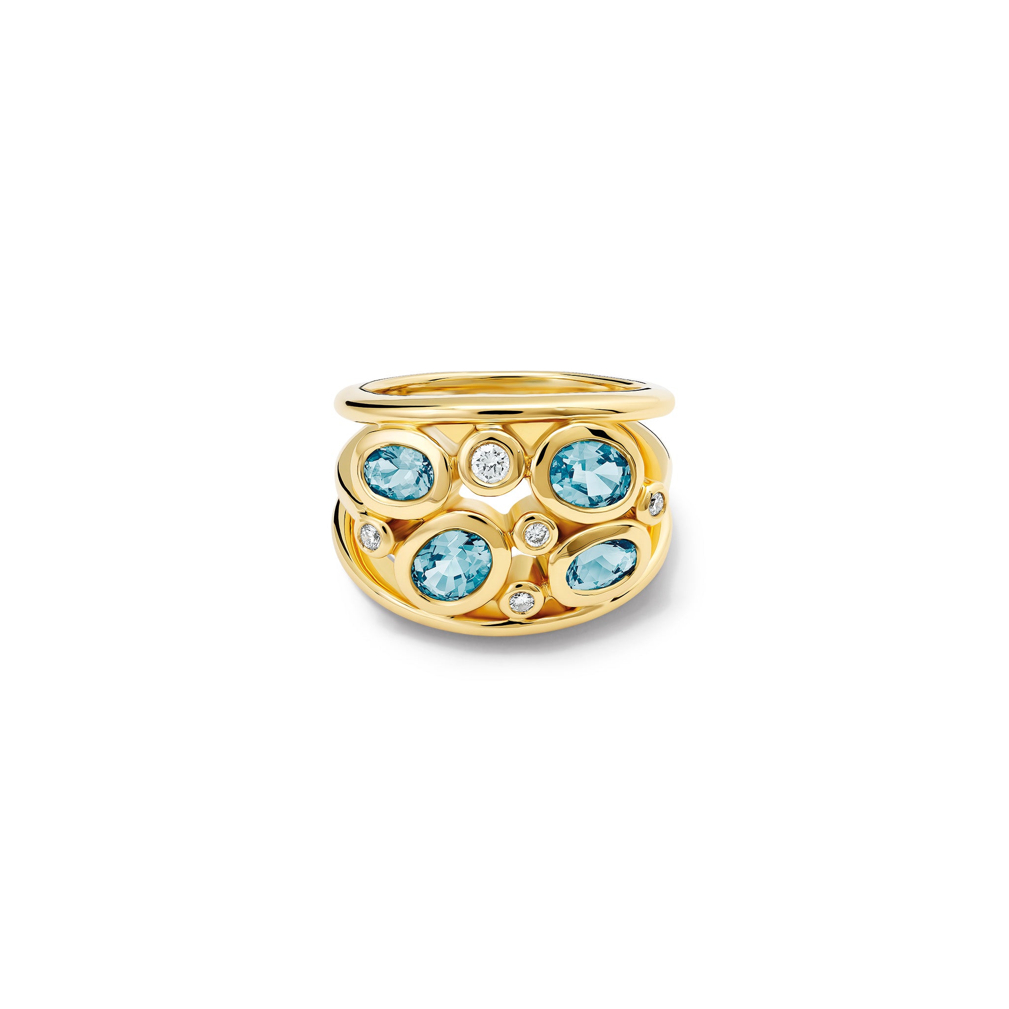 Handcrafted 18ct yellow gold ring featuring four aquamarines and smaller diamonds.