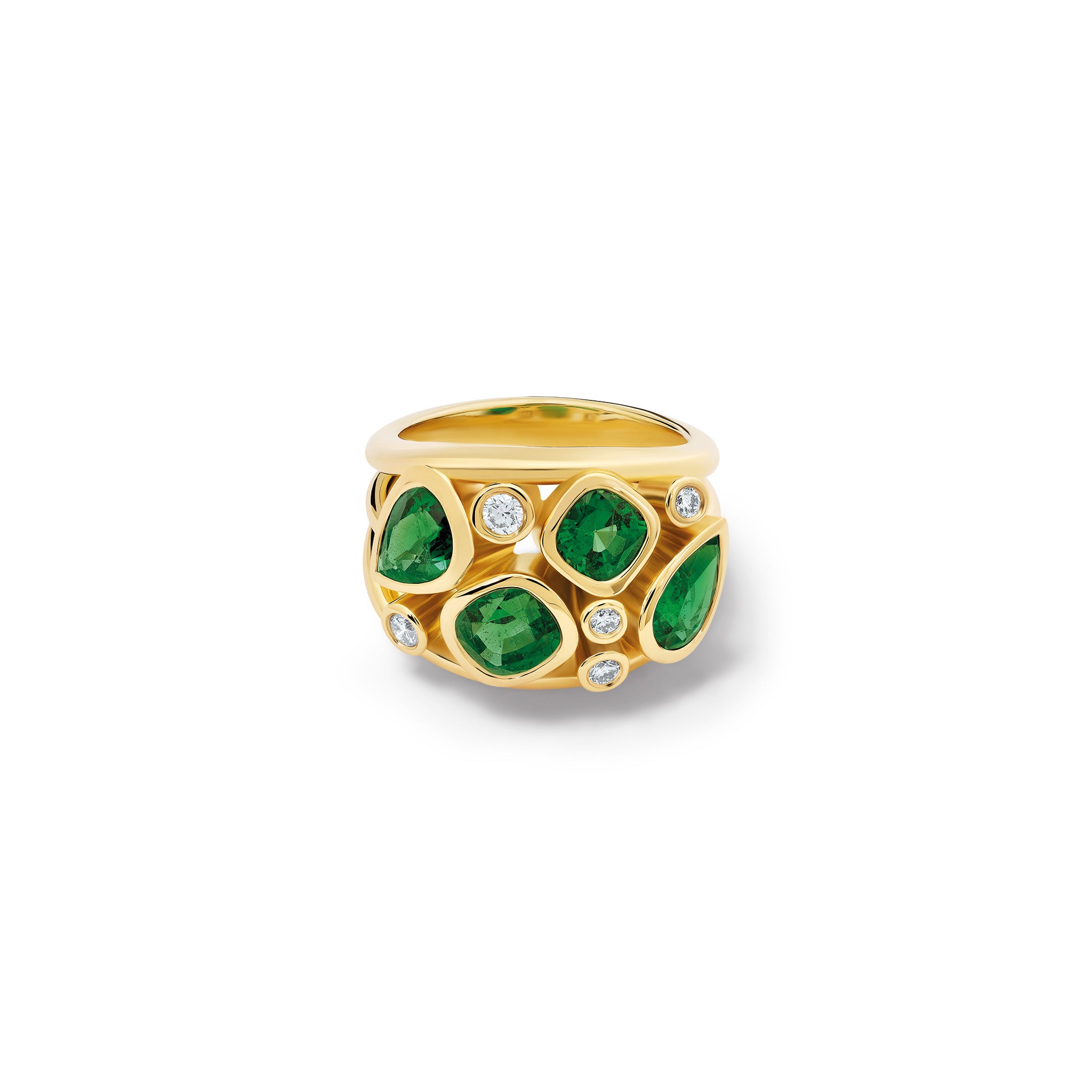 Handcrafted 18ct yellow gold ring featuring four demantoid green garnets and smaller diamonds.