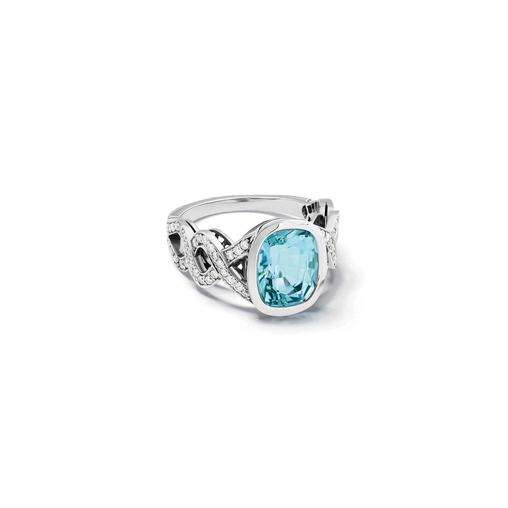 Handcrafted 18ct white gold ring featuring a cushion cut green blue aquamarine with a twisted diamond pavé shank.