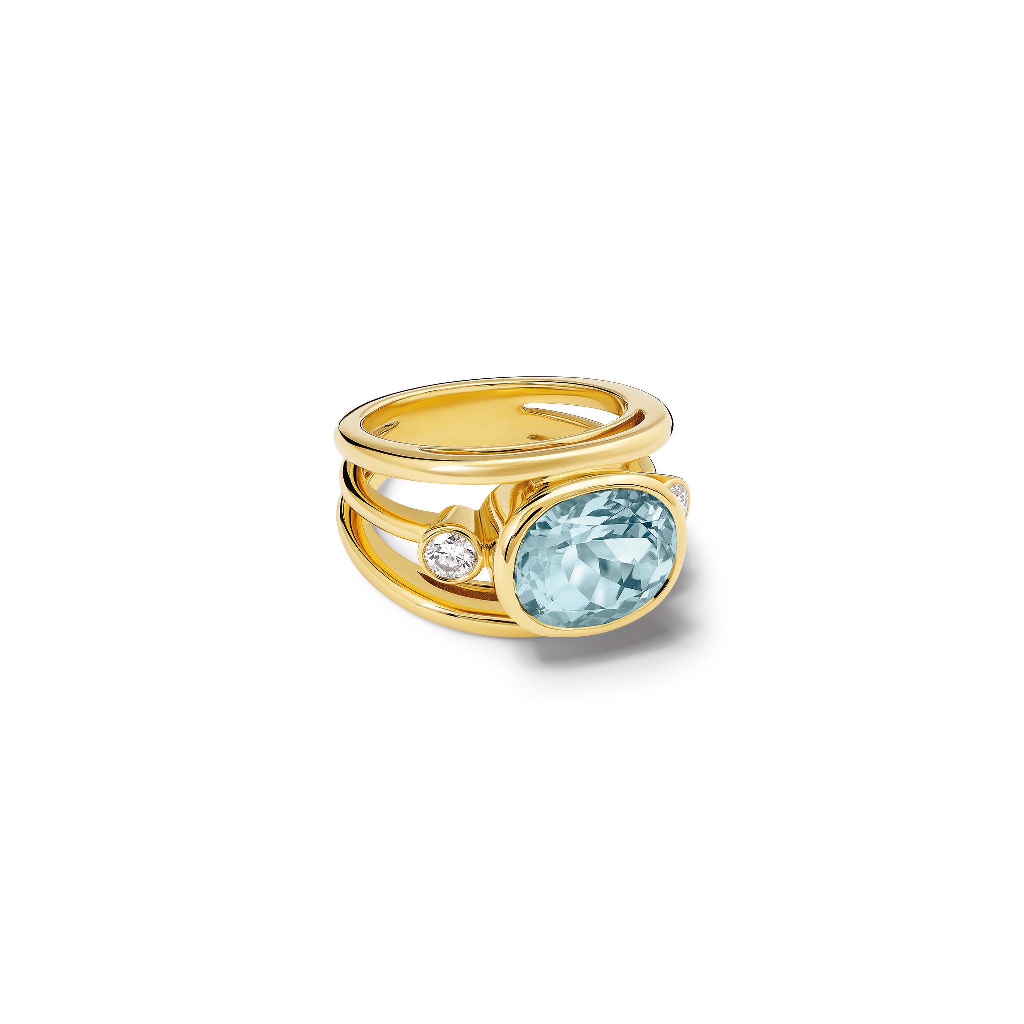 Handcrafted 18ct yellow gold ring with a central aquamarine, the birthstone of March, flanked by two round diamonds.