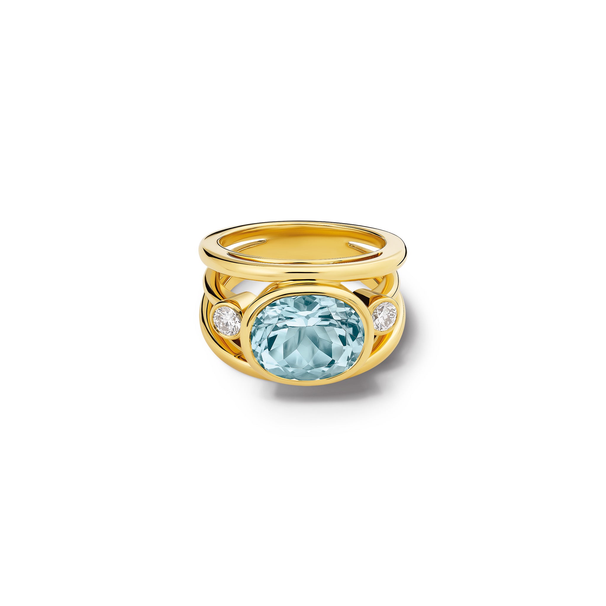 Handcrafted 18ct yellow gold ring with a central aquamarine, the birthstone of March, flanked by two round diamonds.