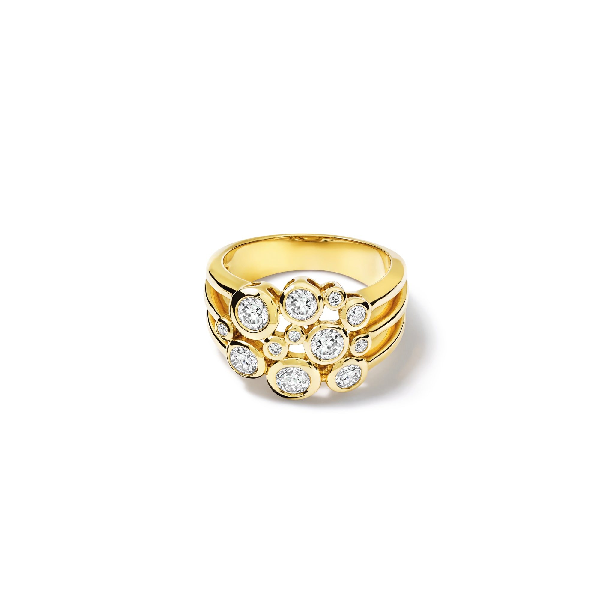 Handcrafted 18ct yellow gold ring featuring different sized round diamonds.