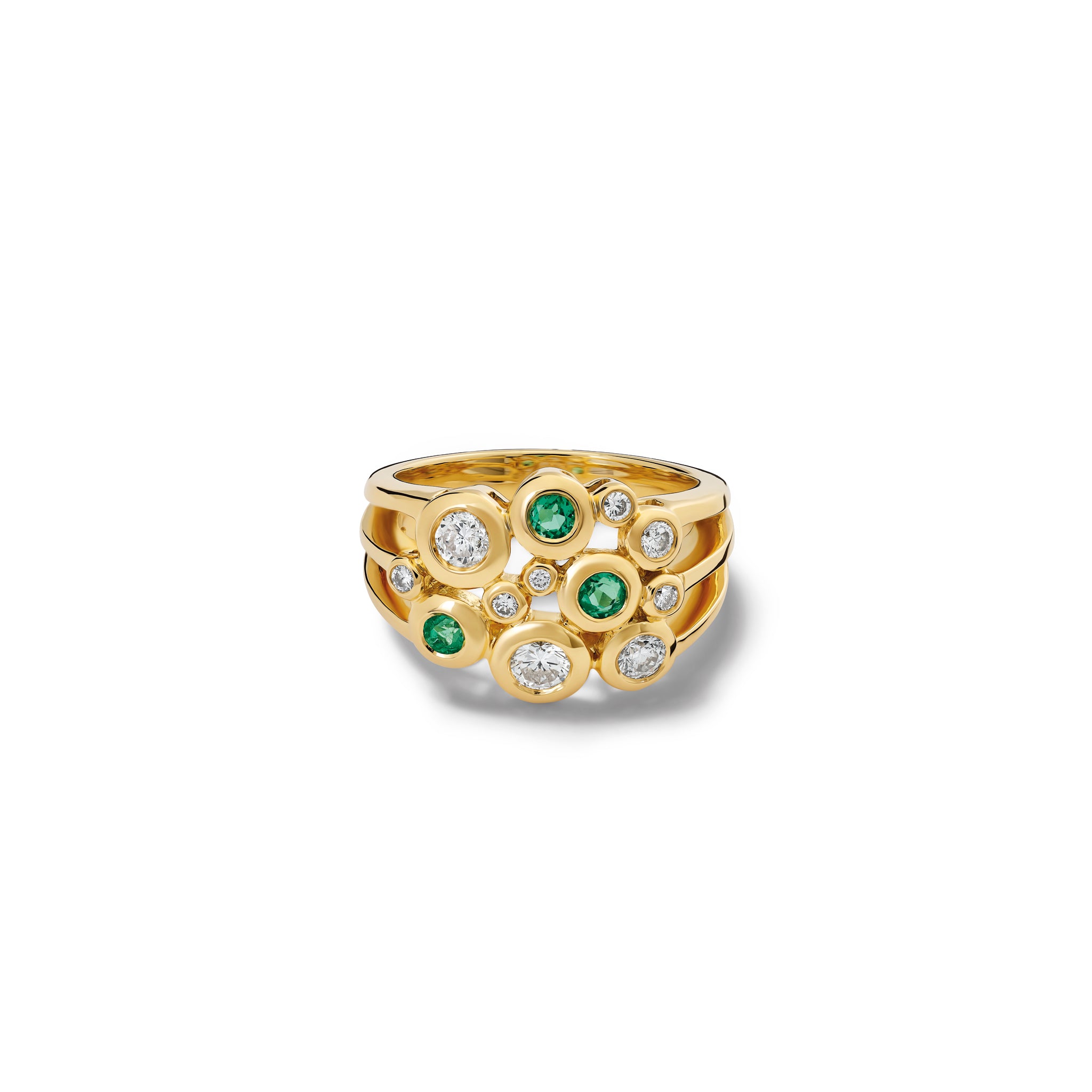 Handcrafted 18ct yellow gold ring featuring different sized round emeralds and diamonds. 