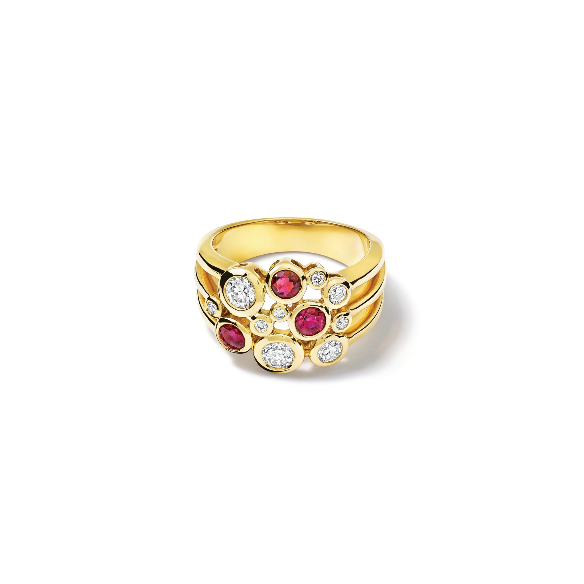 Handcrafted 18ct yellow gold ring featuring different sized round rubies and diamonds. 